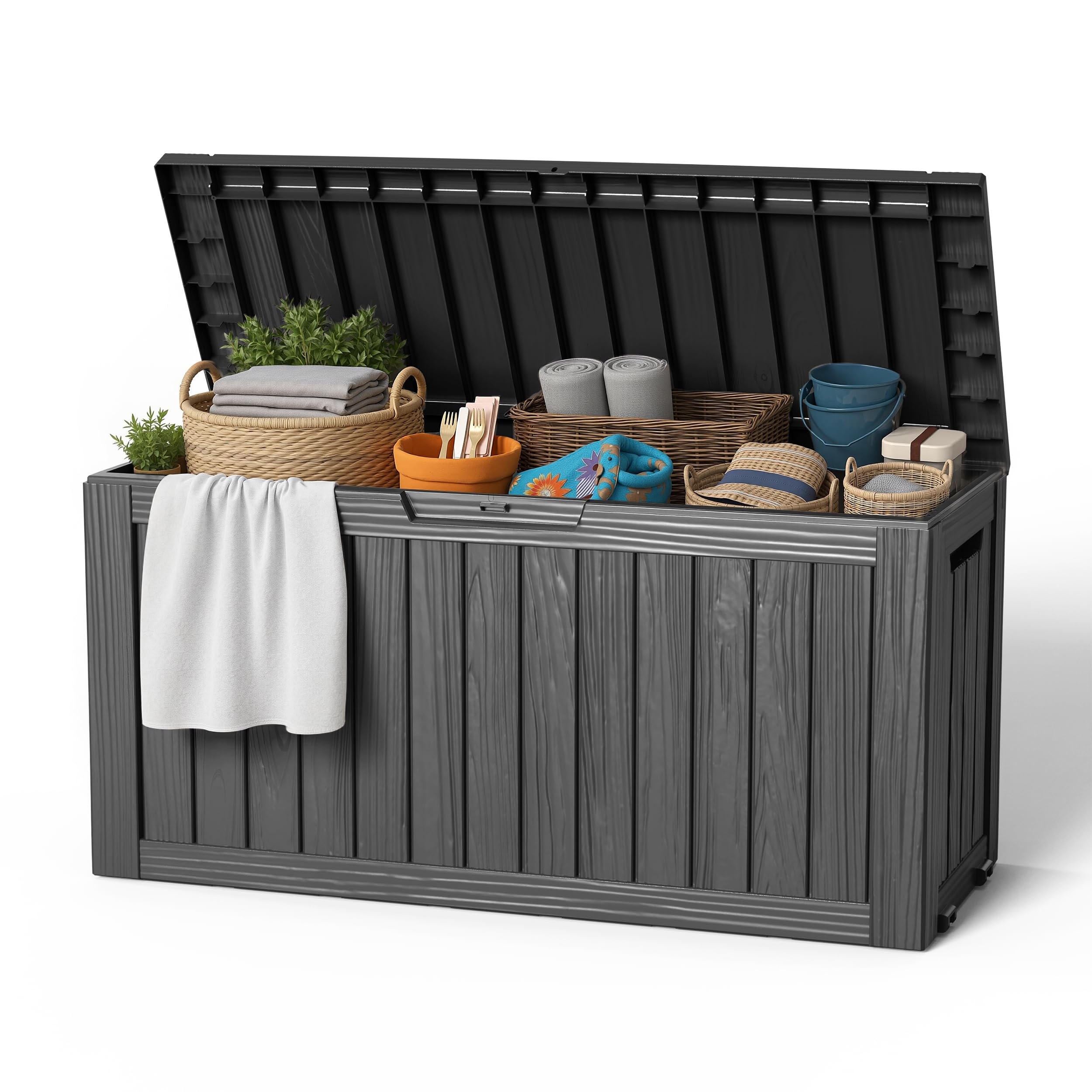 EasyUp 85 Gallon Outdoor Storage Box, Resin Waterproof UV-Resistant Deck Box, Reinforced Stability for Patio, Garden, and Poolside, Striped Black