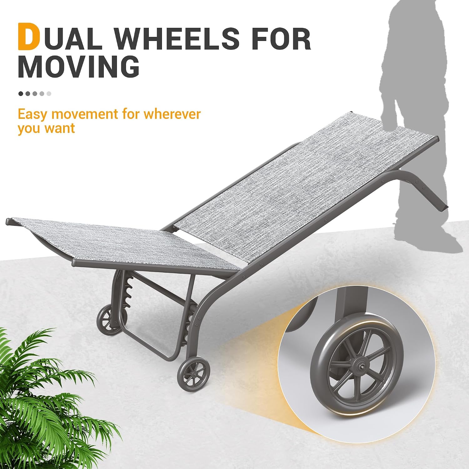 UDPATIO Chaise Lounge Outdoor Set of 3, Aluminum Lounge Chair, 5 Adjustable Position Backrest Pool Lounger with Wheels and Side Table for Patio Pool Patio (Grey)