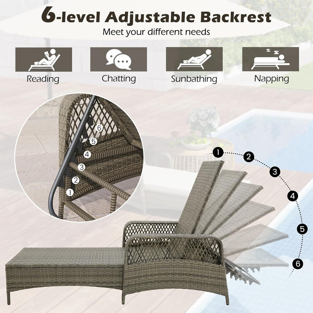 Wicker Chaise Lounge Chair, Patio Rattan Recliner with 6-Position Adjustable Backrest, Soft Cushions, Removable Lumber Pillow & Armrests, Lounger Chair for Poolside & Backyard (Off White)