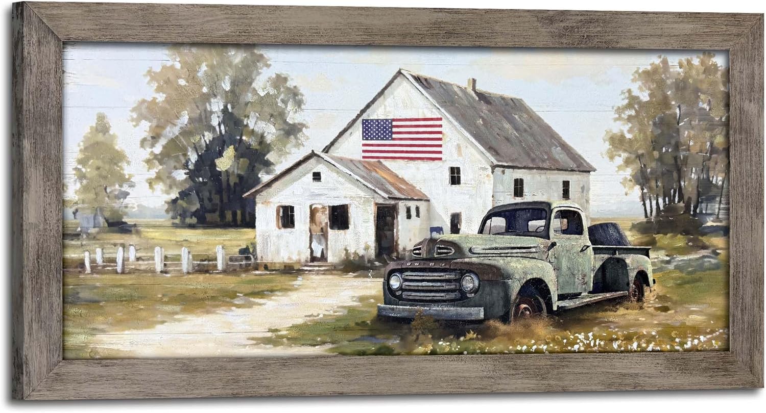 Farmhouse Framed Wall Art Decor: Rustic Country Scene Wood Picture Barn with American Flag Painting Artwork Farm Truck Countryside Print for Bedroom Home Living Room