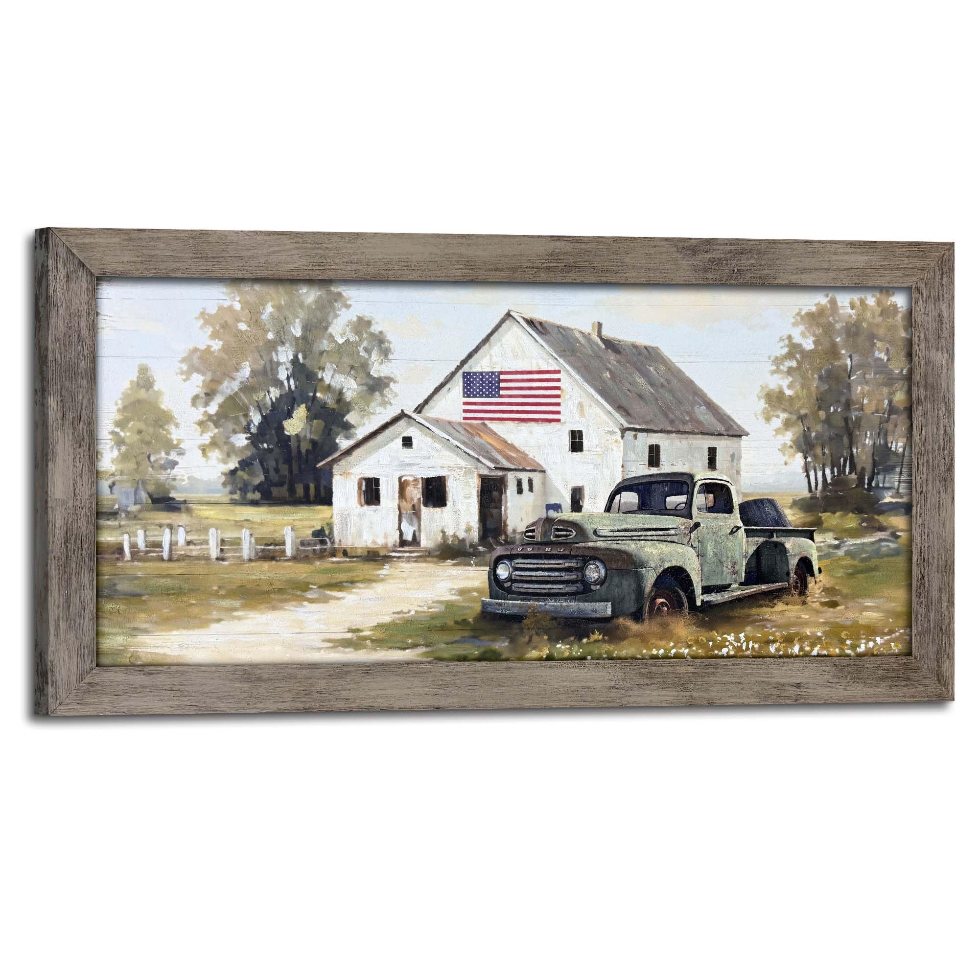 Farmhouse Framed Wall Art Decor: Rustic Country Scene Wood Picture Barn with American Flag Painting Artwork Farm Truck Countryside Print for Bedroom Home Living Room