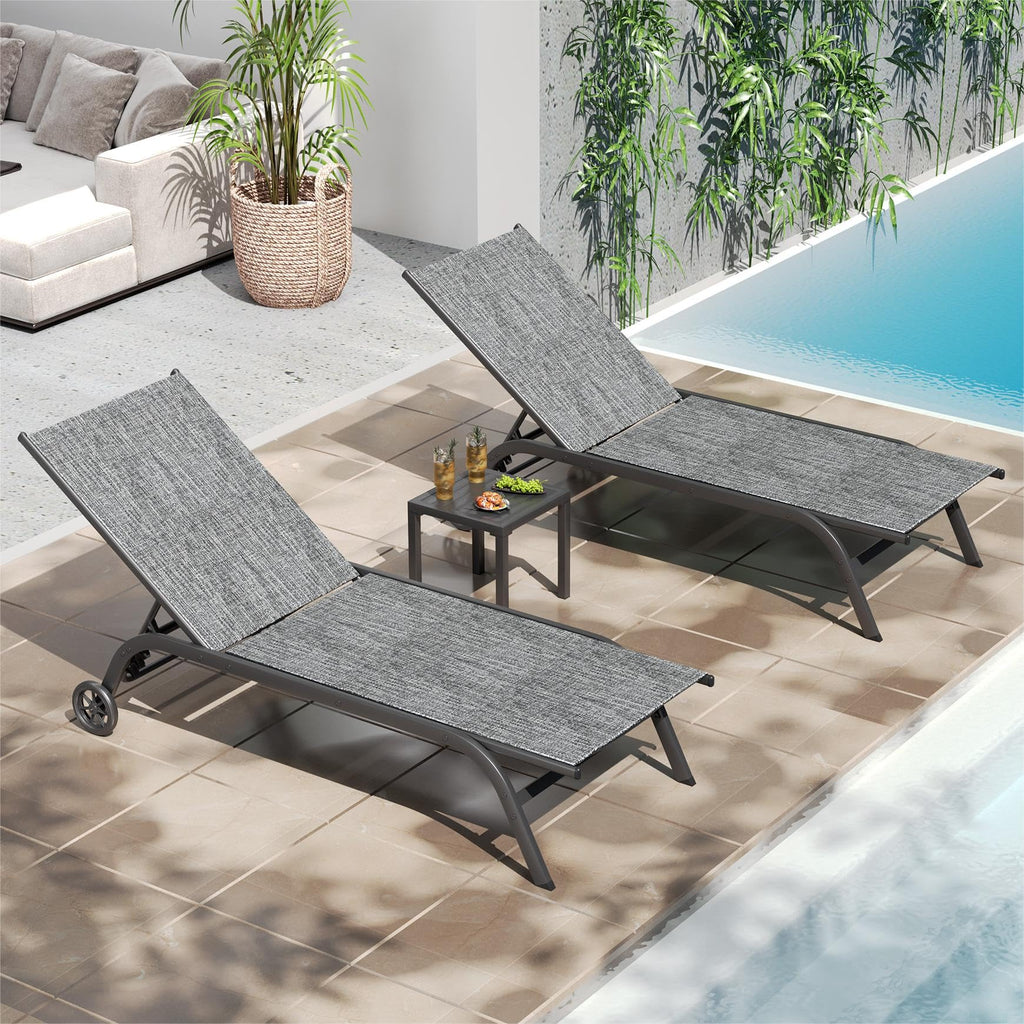UDPATIO Chaise Lounge Outdoor Set of 3, Aluminum Lounge Chair, 5 Adjustable Position Backrest Pool Lounger with Wheels and Side Table for Patio Pool Patio (Grey)