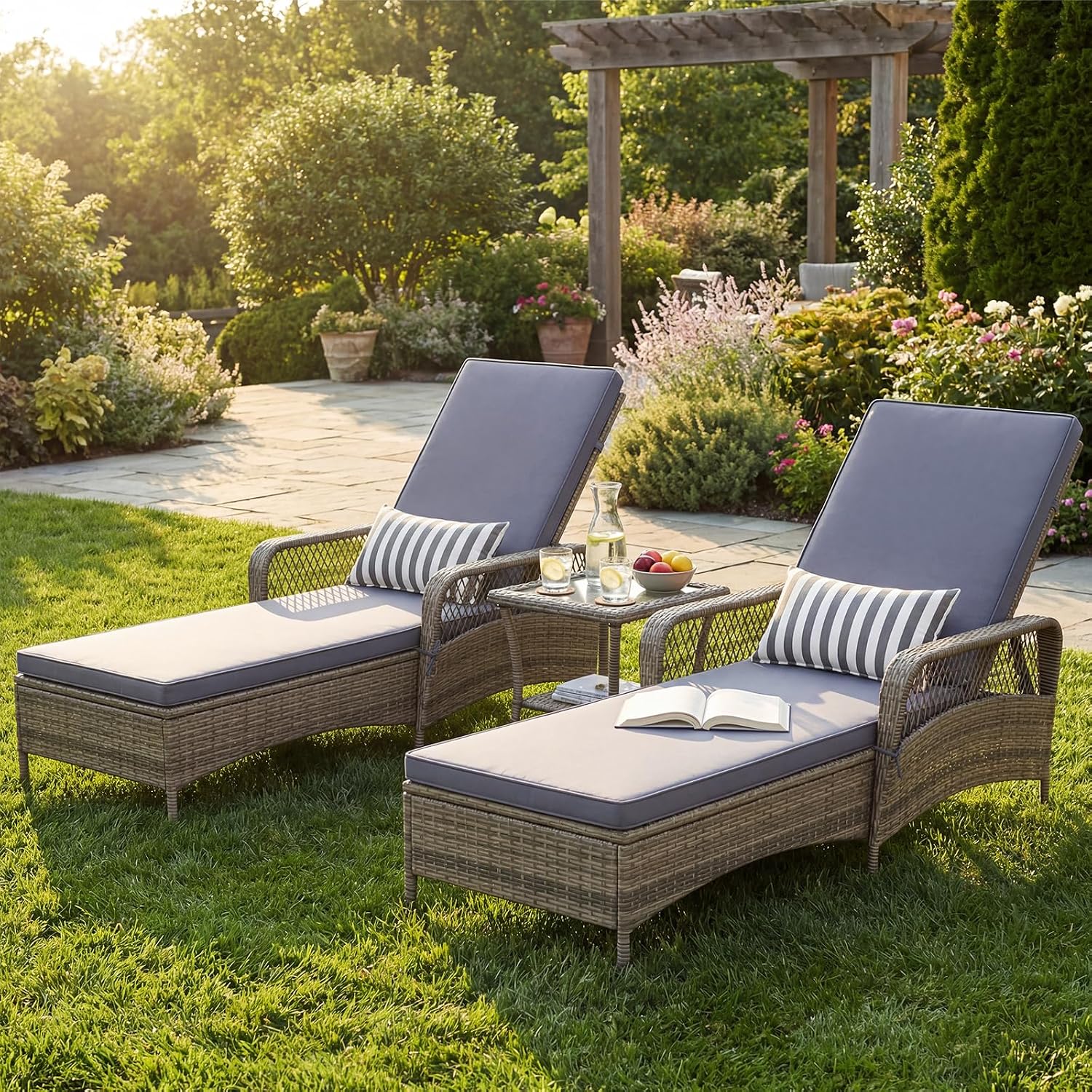 Wicker Chaise Lounge Chair, Patio Rattan Recliner with 6-Position Adjustable Backrest, Soft Cushions, Removable Lumber Pillow & Armrests, Lounger Chair for Poolside & Backyard (Off White)