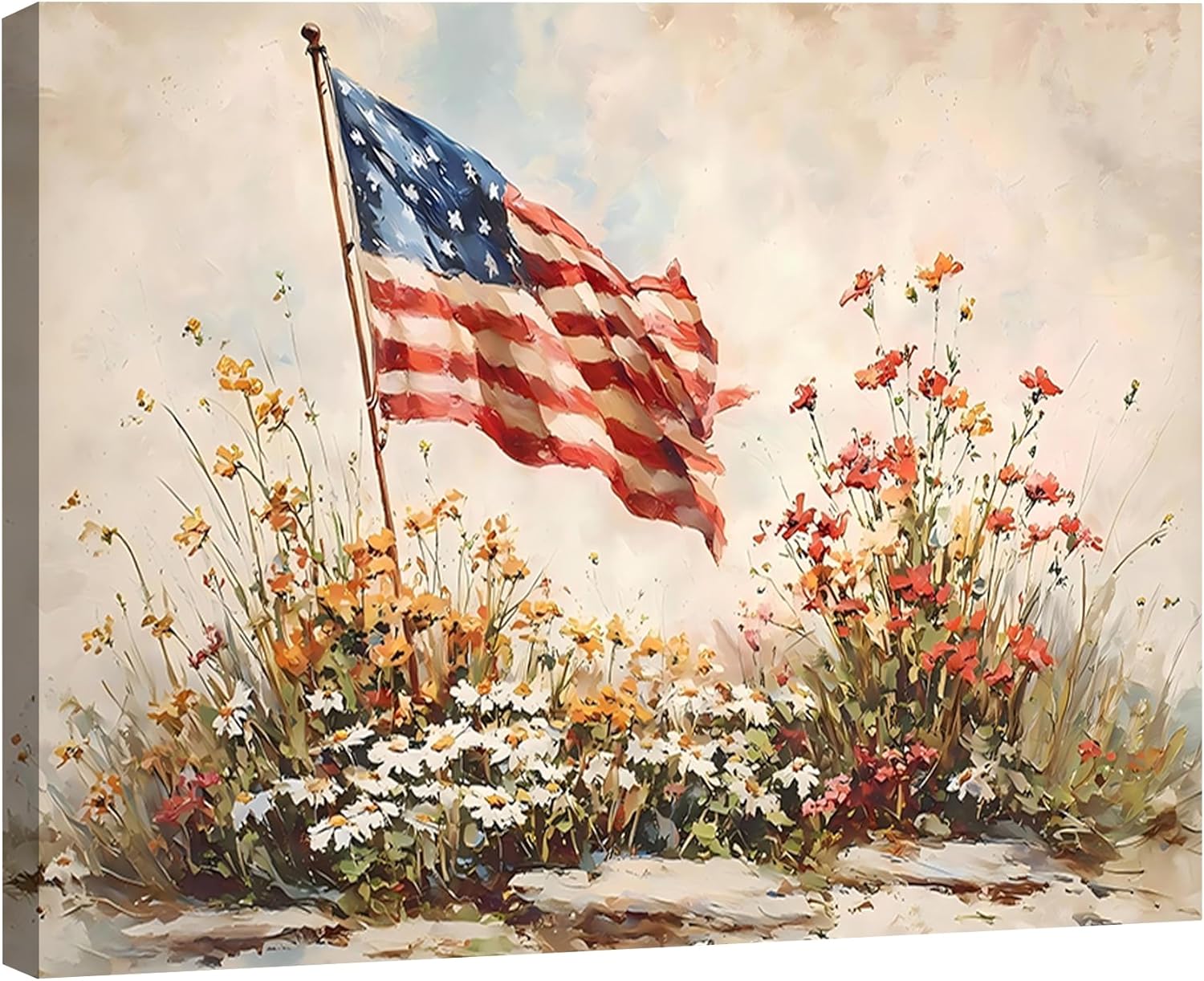 Vintage American Flag Wildflower Canvas Wall Art for Living Room, Framed Patriotic 4th of July Canvas Prints Pictures, Rustic Farmhouse Artwork for Enterway Bedroom Bathroom Wall Decor
