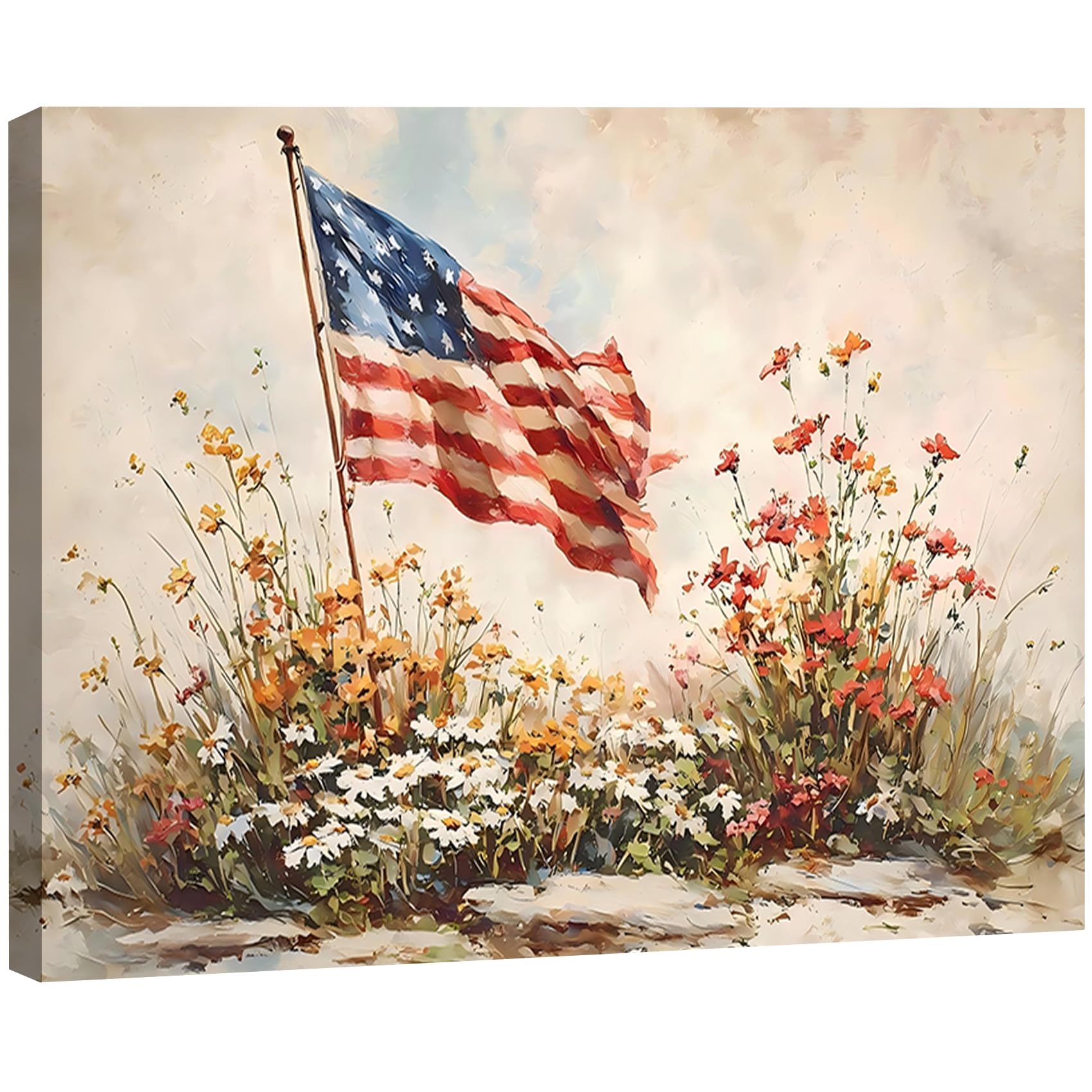 Vintage American Flag Wildflower Canvas Wall Art for Living Room, Framed Patriotic 4th of July Canvas Prints Pictures, Rustic Farmhouse Artwork for Enterway Bedroom Bathroom Wall Decor