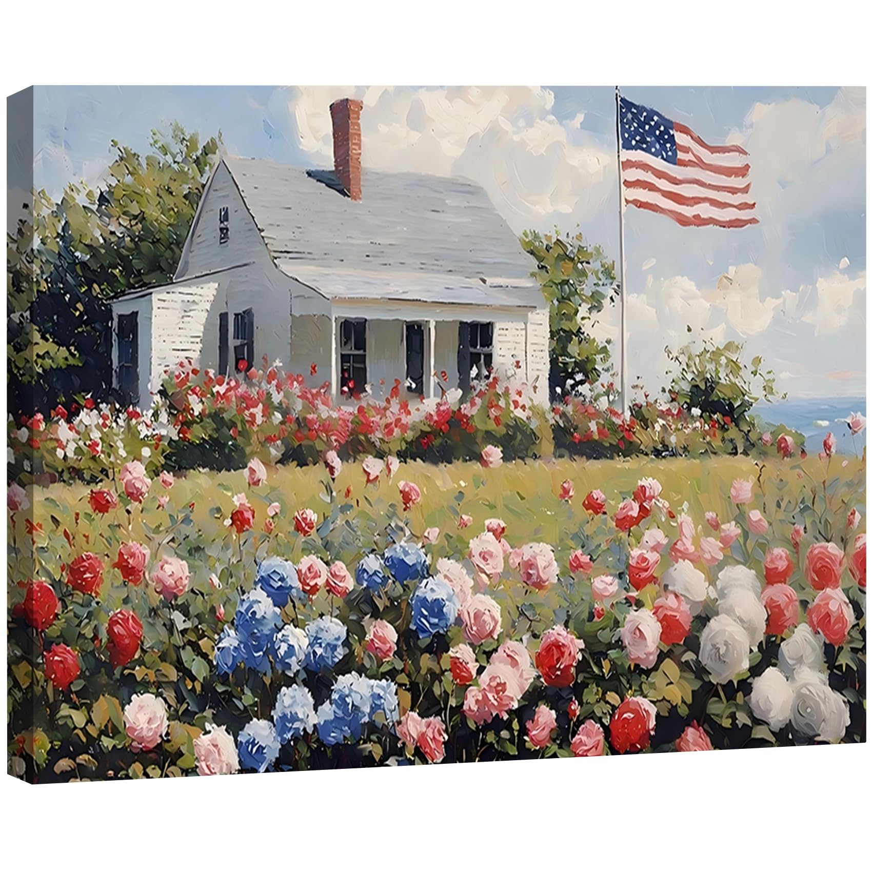 Vintage American Flag Wildflower Canvas Wall Art for Living Room, Framed Patriotic 4th of July Canvas Prints Pictures, Rustic Farmhouse Artwork for Enterway Bedroom Bathroom Wall Decor