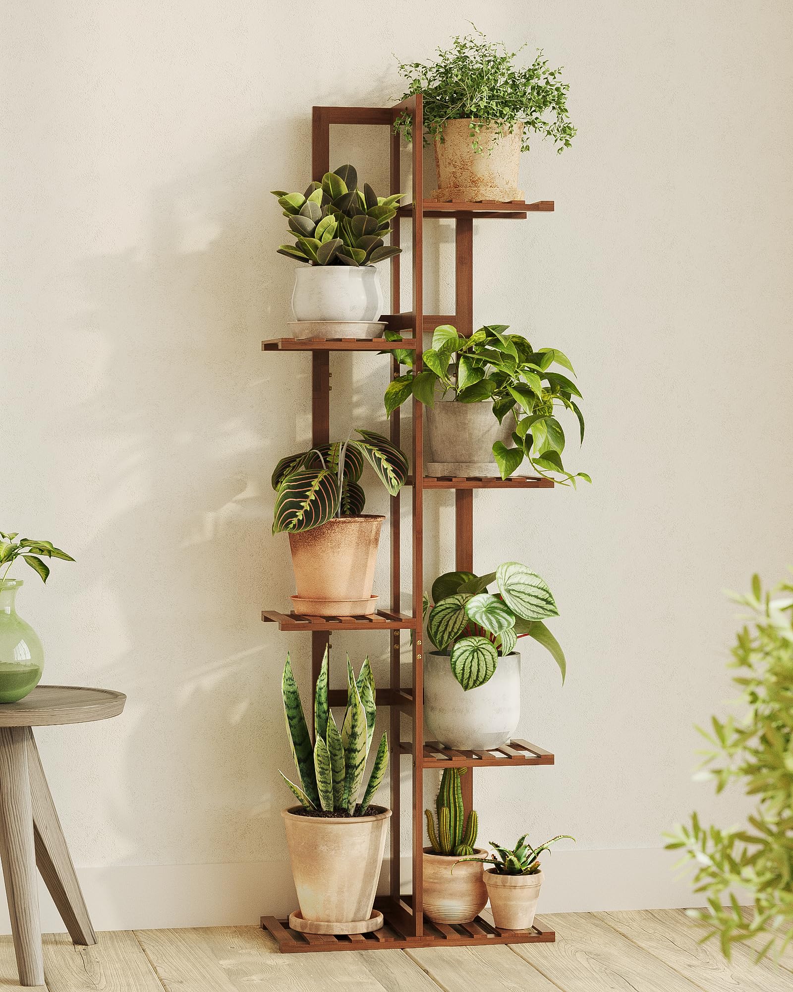 7-Tier Bamboo Plant Stand, Indoor Outdoor Corner Flower Shelf
