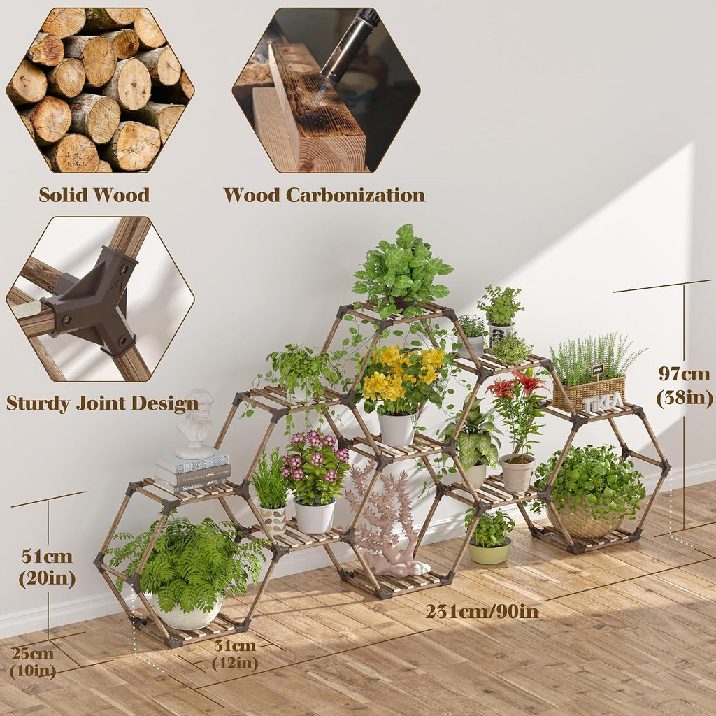 Tikea - Hexagonal Plant Stand Indoor Outdoor Large 11 Tiered Wooden Plant Shelf Indoor Creative Flower Decor for Living Room Balcony Patio