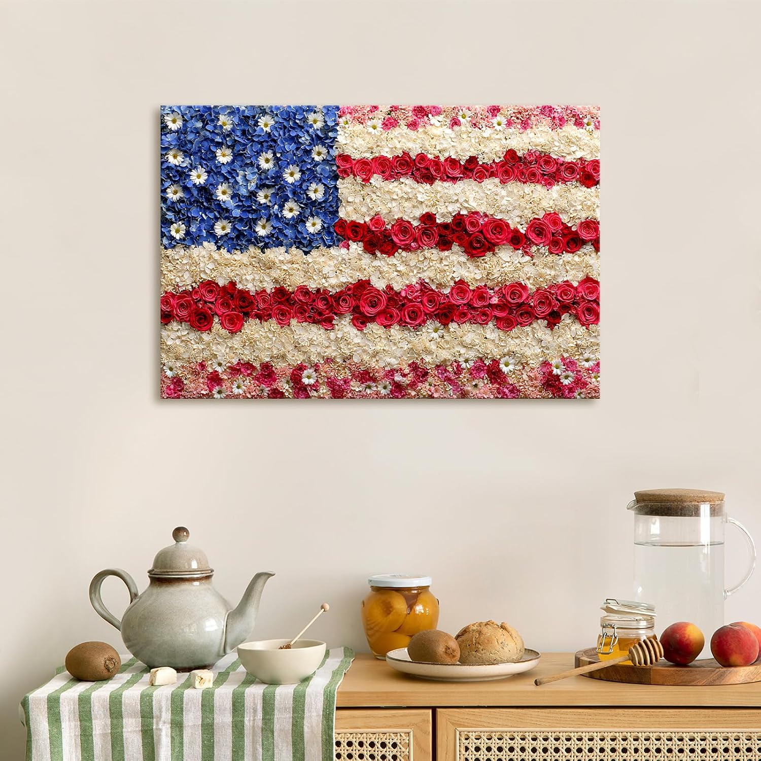 Azatyam American Flag Wall Art Patriotic Floral Picture USA Americana Decor Red White Rose Painting Wildflower Canvas Prints Vintage Country Style Artwork for Living Room Office Bedroom Wall Decor 16" x 24"