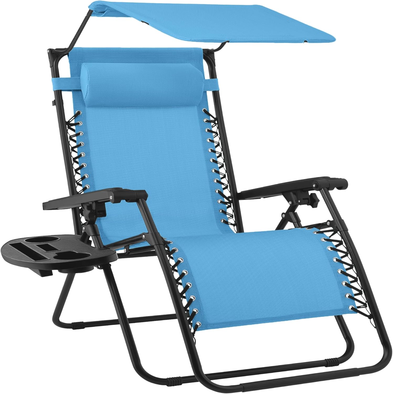 Best Choice Products Folding Zero Gravity Outdoor Recliner Patio Lounge Chair w/Adjustable Canopy Shade, Headrest, Side Accessory Tray, Textilene Mesh - Beige