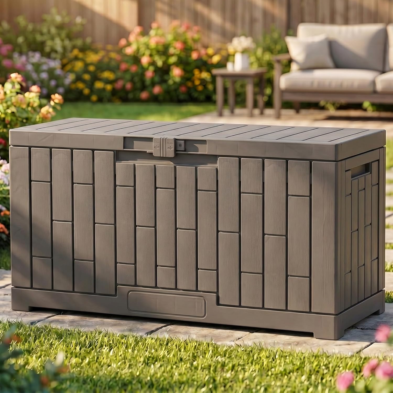YITAHOME 80 Gallon Resin Deck Box, Weather Resistant Outdoor Rattan Storage Box, Lockable Indoor Outdoor Storage for Supplies and Essentials, Dark Gray