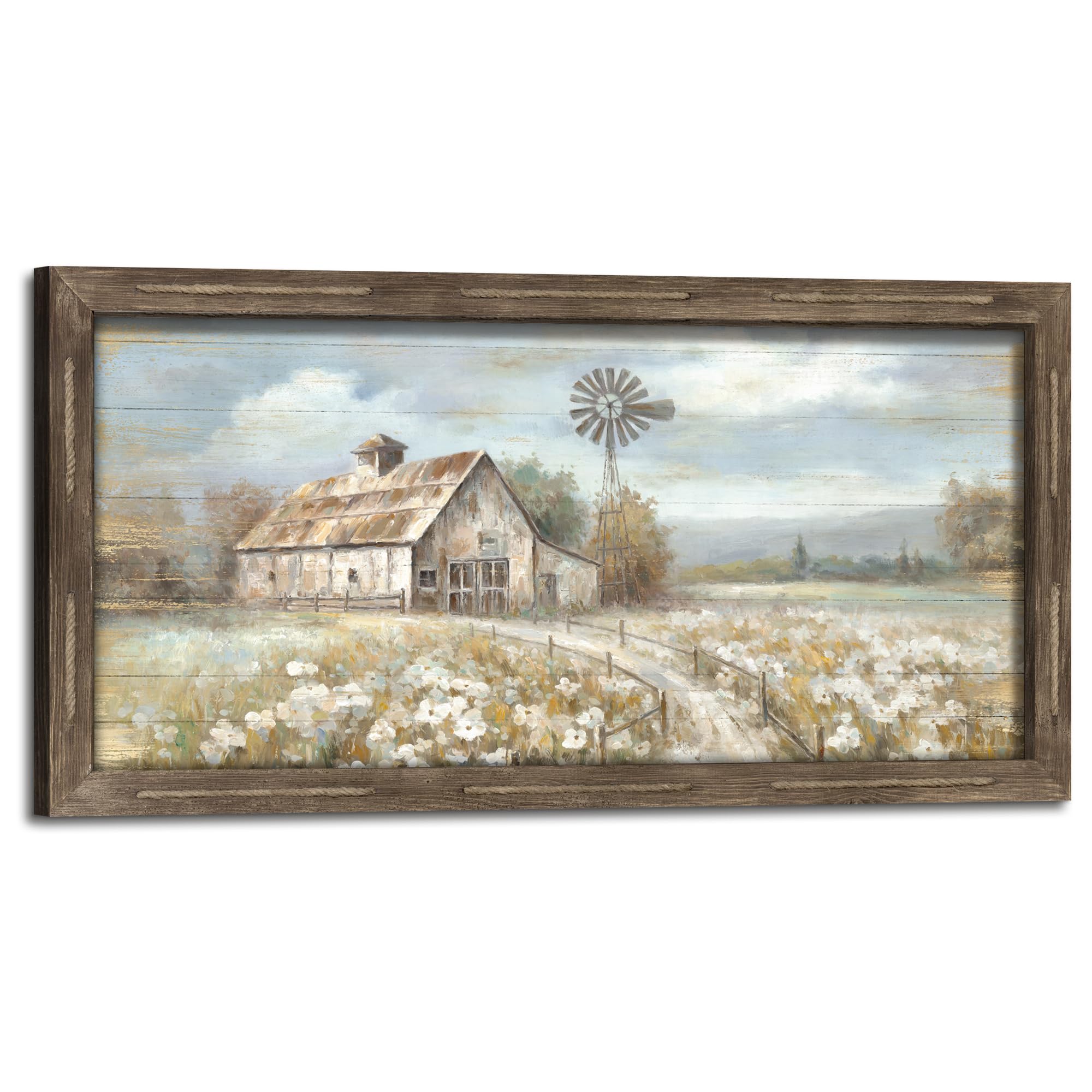 Farmhouse Framed Wall Art Decor: Rustic Country Scene Wood Picture Barn with American Flag Painting Artwork Farm Truck Countryside Print for Bedroom Home Living Room