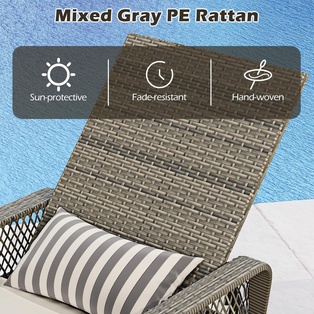 Wicker Chaise Lounge Chair, Patio Rattan Recliner with 6-Position Adjustable Backrest, Soft Cushions, Removable Lumber Pillow & Armrests, Lounger Chair for Poolside & Backyard (Off White)