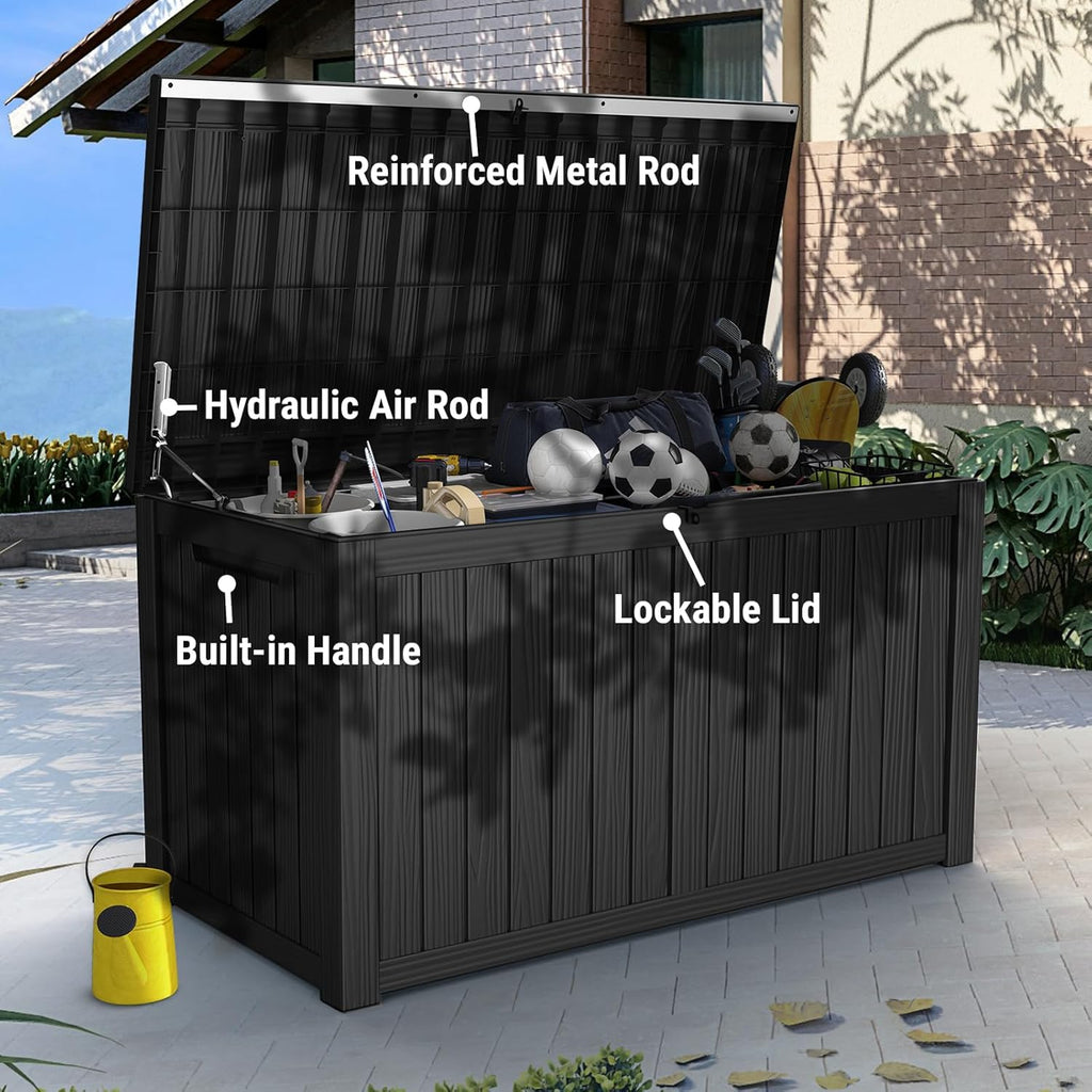 Mars Villa 180 Gallon Outdoor Storage Box Waterproof, Extra Large Resin Deck Box, Outside Storage Bin for Patio Furniture Cushion, Pool Supply, Sports Gear, UV Resistant and Weatherproof, Black