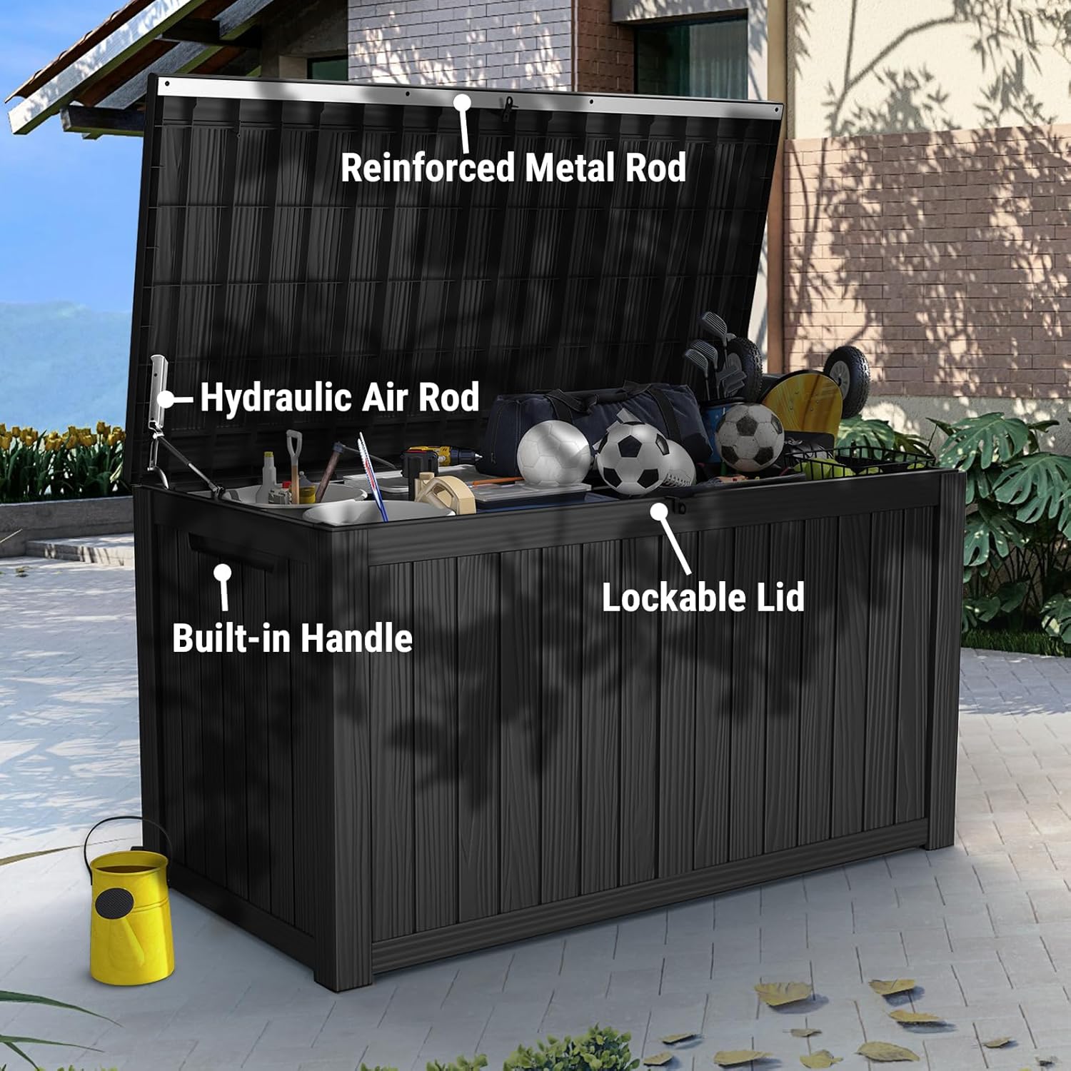 Mars Villa 180 Gallon Outdoor Storage Box Waterproof, Extra Large Resin Deck Box, Outside Storage Bin for Patio Furniture Cushion, Pool Supply, Sports Gear, UV Resistant and Weatherproof, Black