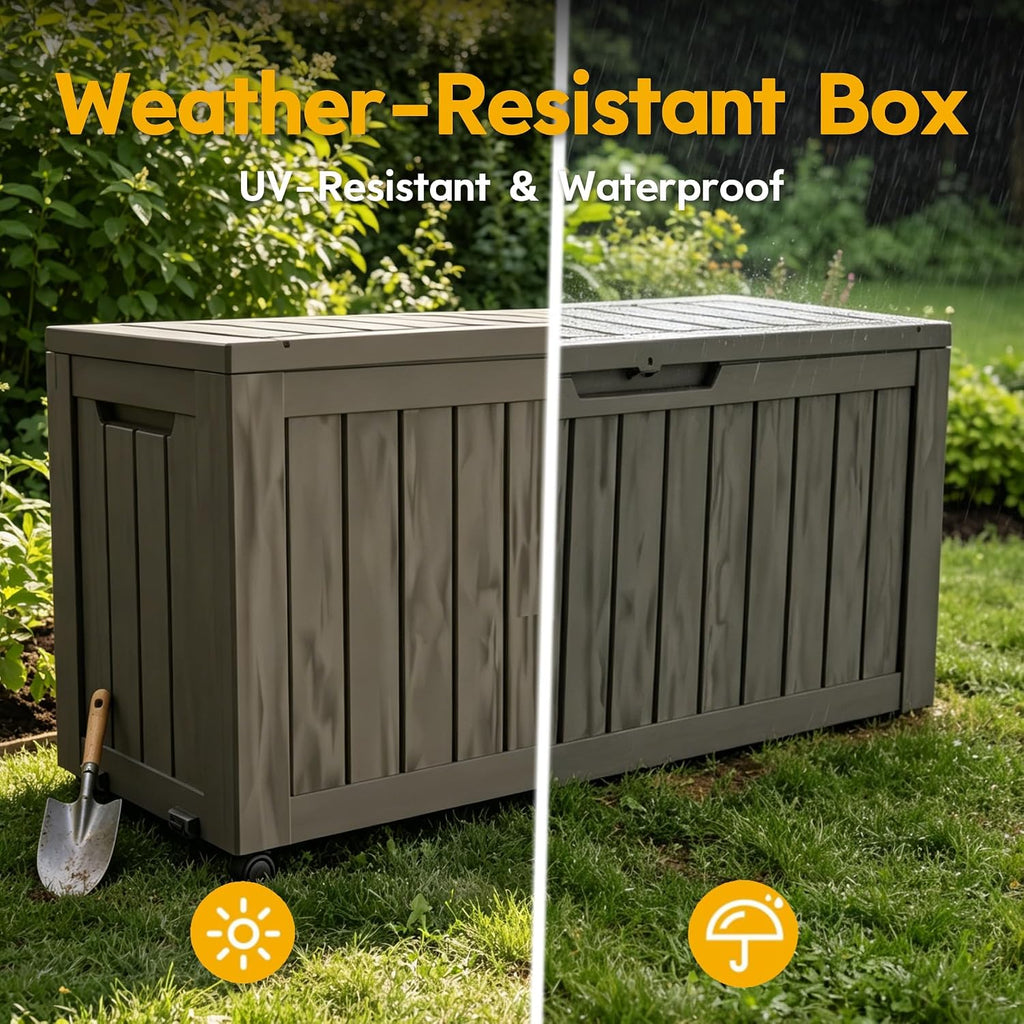 80 Gallon Deck Box with Wheels, Waterproof Resin Outdoor Storage, Easy Assembly, Rolling Bin for Patio Cushions, Pool Toys & Garden Tools, Brown