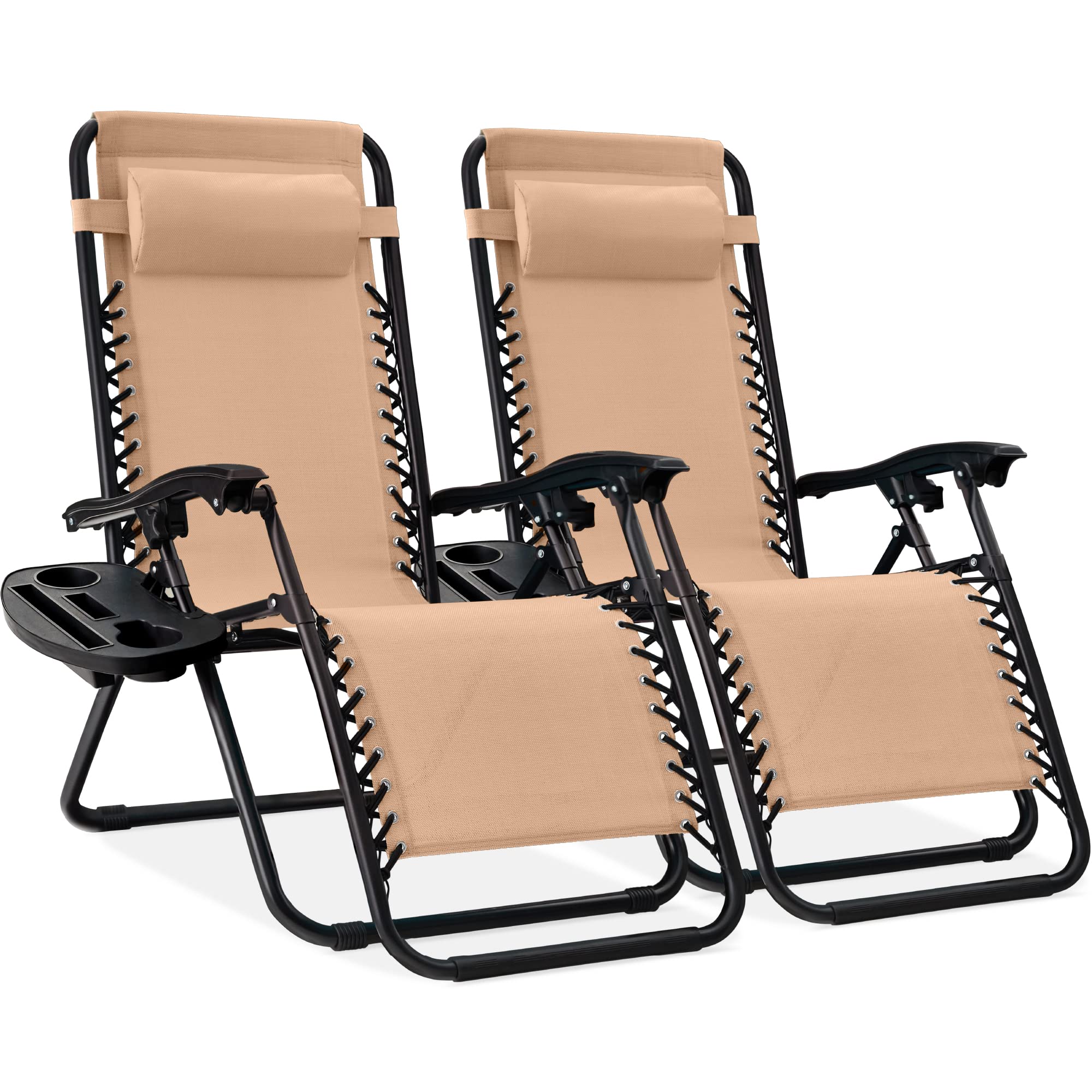 Best Choice Products Set of 2 Adjustable Steel Mesh Zero Gravity Lounge Chair Recliners w/Pillows and Cup Holder Trays - Ice Gray