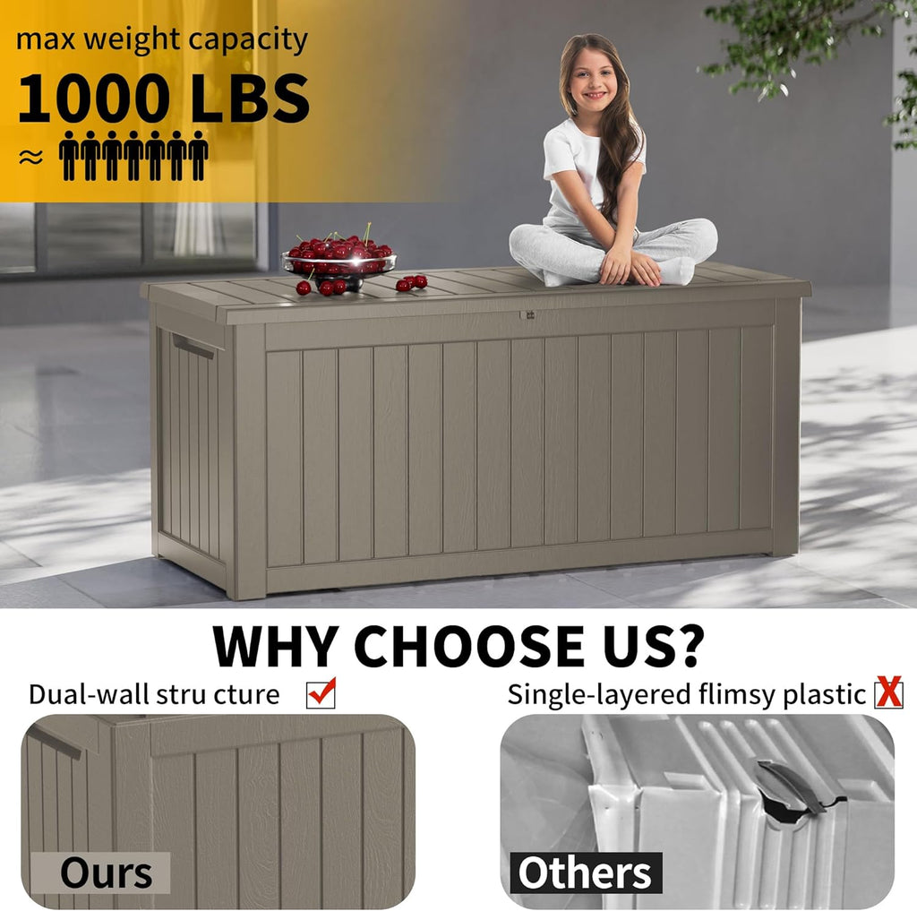 Outdoor Storage Box Waterproof, 270 Gallon Lockable Resin Deck Box Large, Patio Storage Bin for Pool Accessories Cushion Furniture, Garden Tools, UV-Resistant Outside Delivery Grey