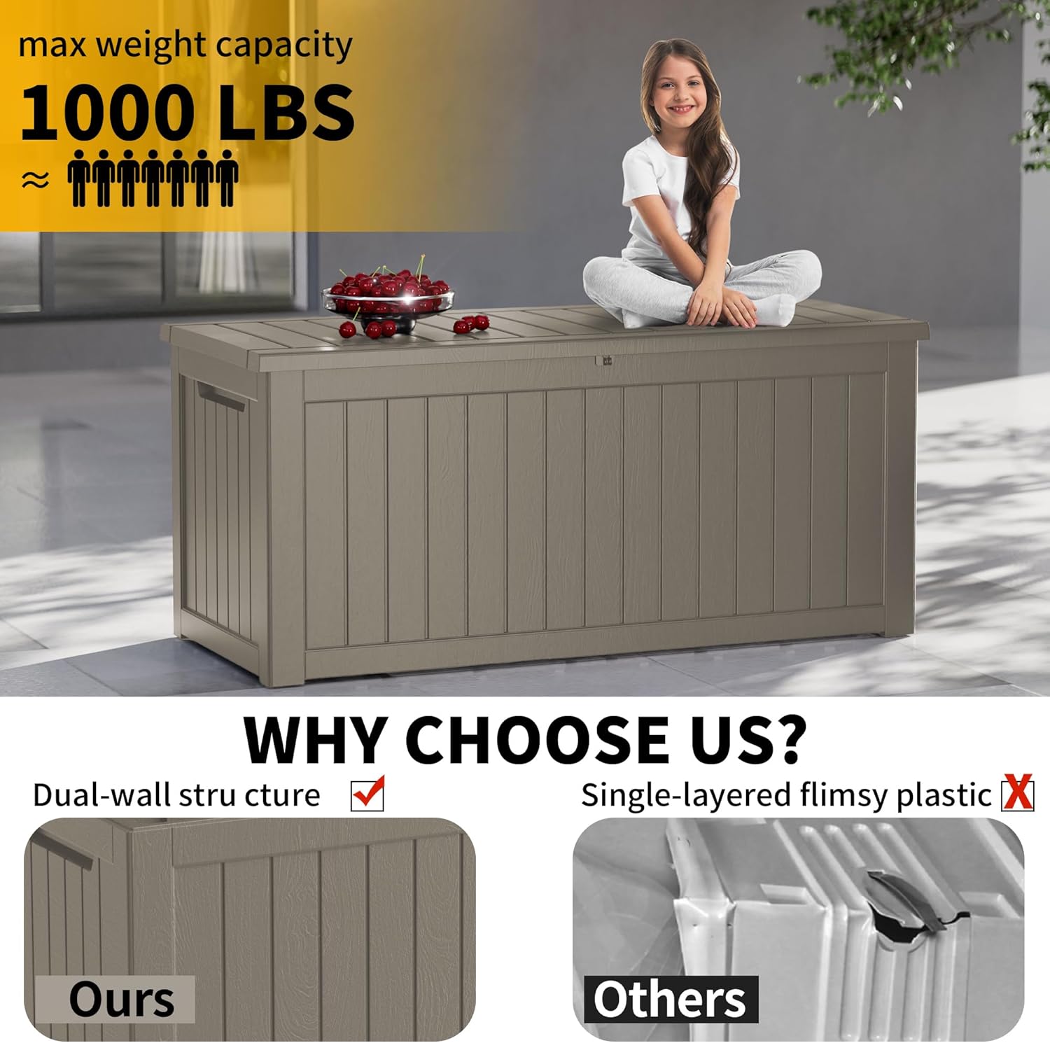 Outdoor Storage Box Waterproof, 270 Gallon Lockable Resin Deck Box Large, Patio Storage Bin for Pool Accessories Cushion Furniture, Garden Tools, UV-Resistant Outside Delivery Grey