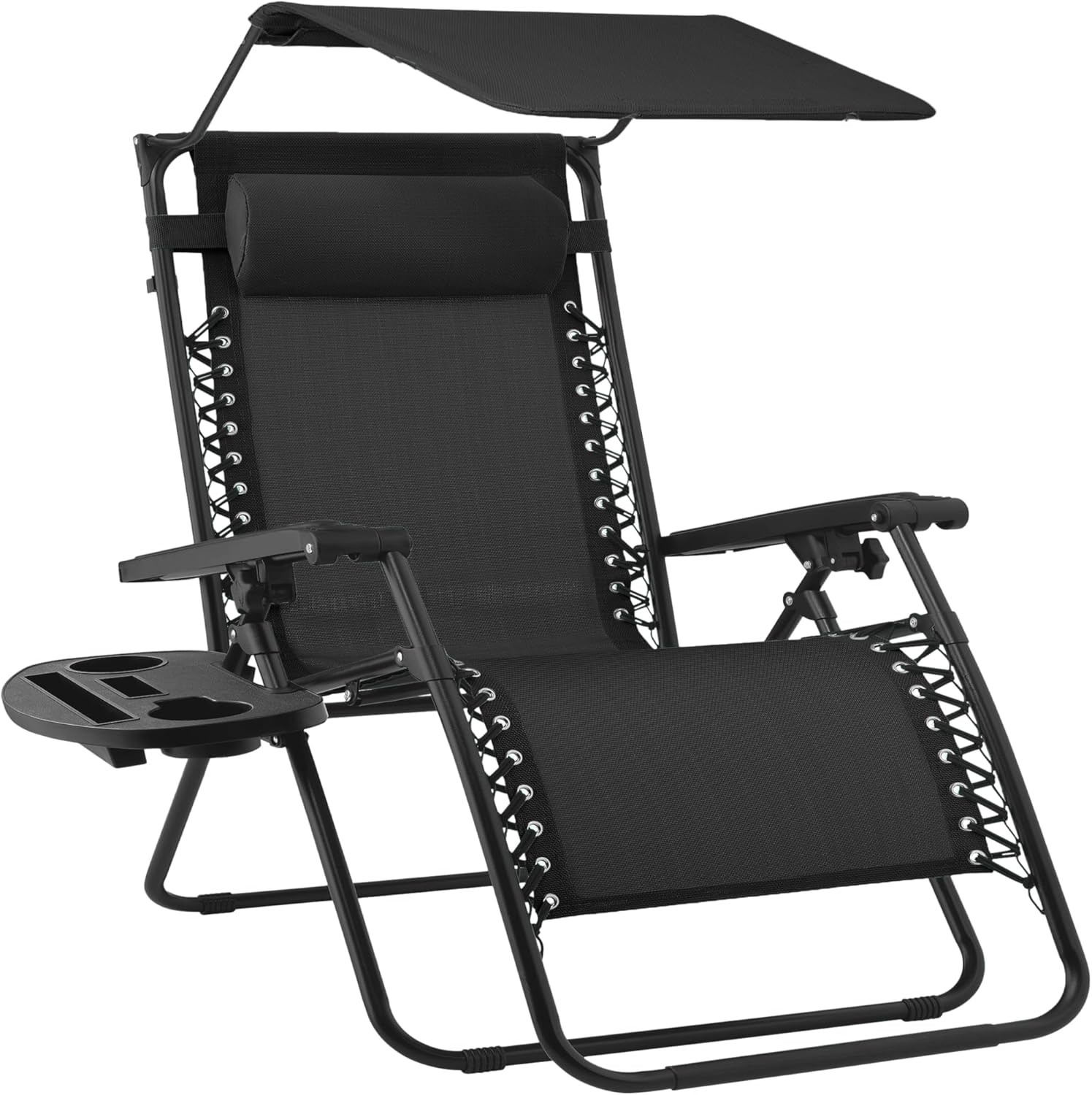 Best Choice Products Folding Zero Gravity Outdoor Recliner Patio Lounge Chair w/Adjustable Canopy Shade, Headrest, Side Accessory Tray, Textilene Mesh - Beige