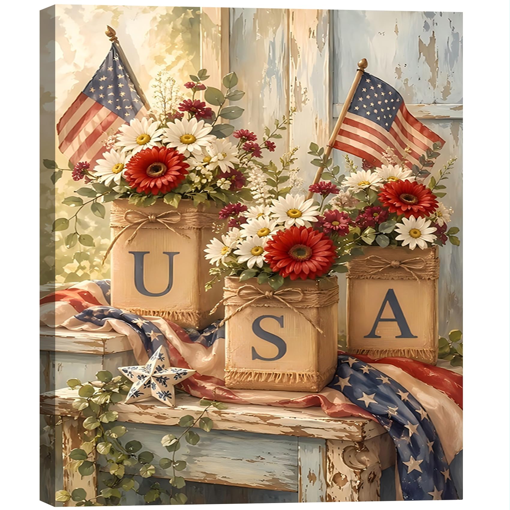 Vintage American Flag Wildflower Canvas Wall Art for Living Room, Framed Patriotic 4th of July Canvas Prints Pictures, Rustic Farmhouse Artwork for Enterway Bedroom Bathroom Wall Decor