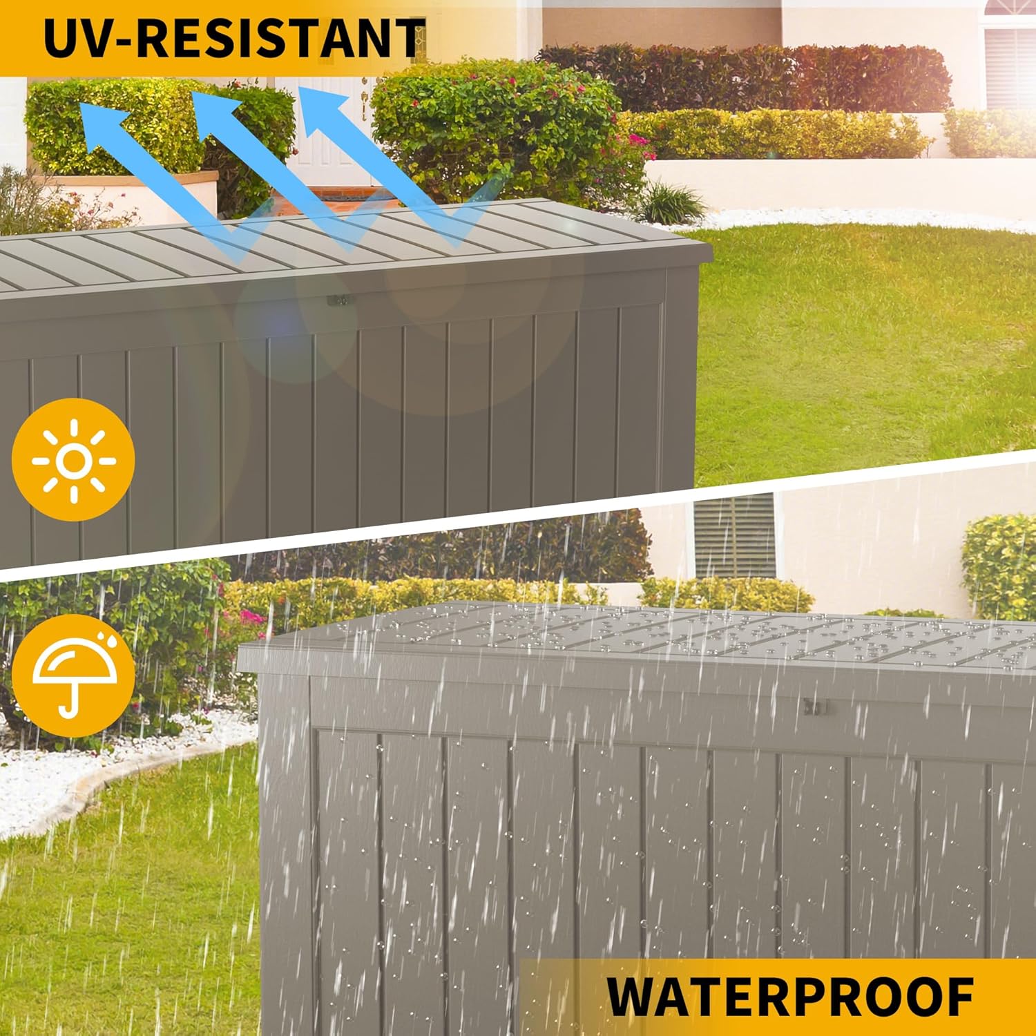 Outdoor Storage Box Waterproof, 270 Gallon Lockable Resin Deck Box Large, Patio Storage Bin for Pool Accessories Cushion Furniture, Garden Tools, UV-Resistant Outside Delivery Grey
