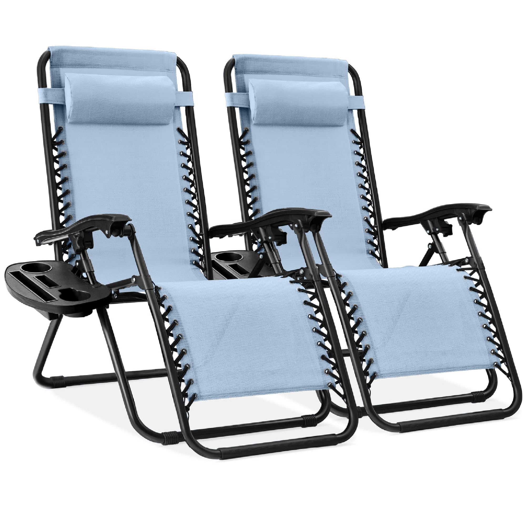 Best Choice Products Set of 2 Adjustable Steel Mesh Zero Gravity Lounge Chair Recliners w/Pillows and Cup Holder Trays - Ice Gray