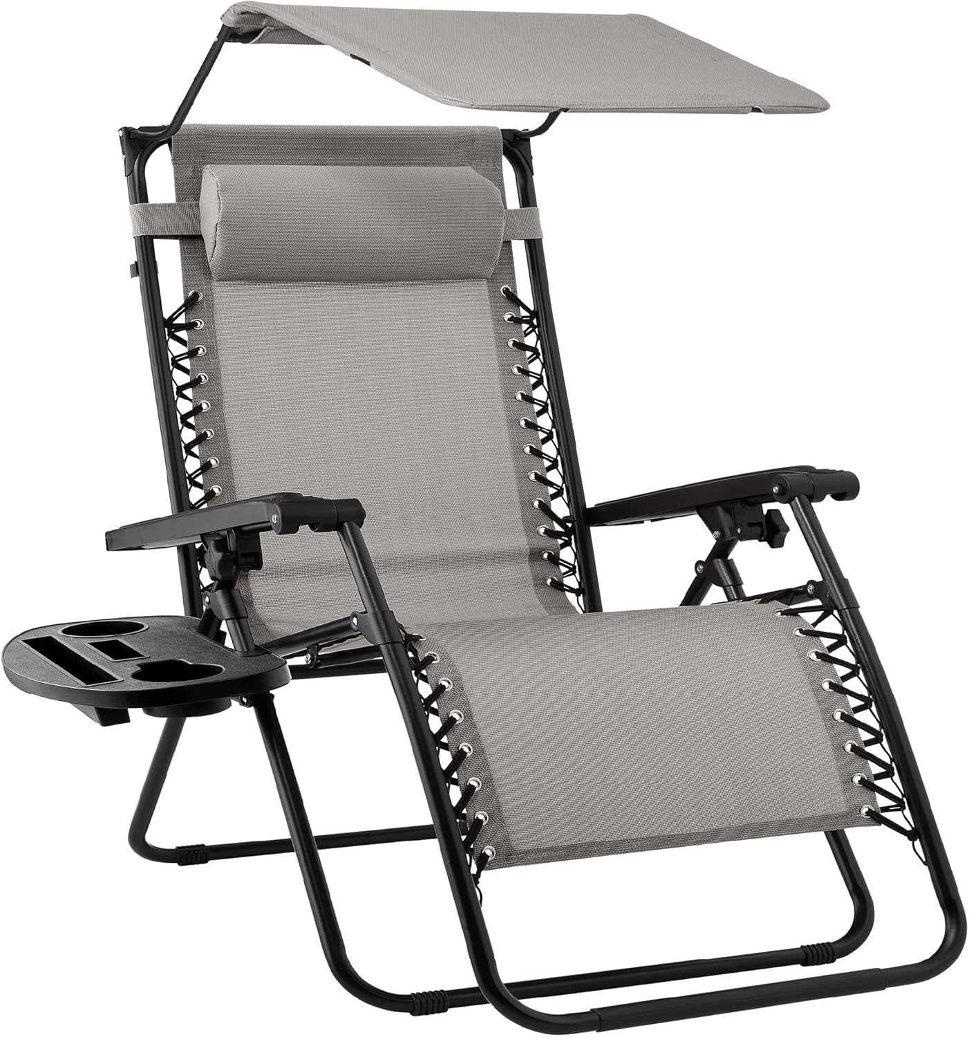 Best Choice Products Folding Zero Gravity Outdoor Recliner Patio Lounge Chair w/Adjustable Canopy Shade, Headrest, Side Accessory Tray, Textilene Mesh - Beige
