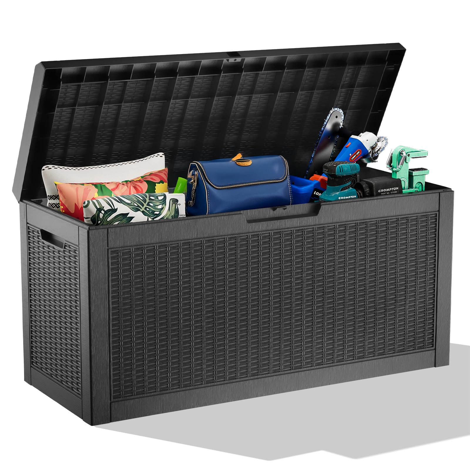 PatioZen 31 Gallon Wicker Pattern Resin Deck Box, Lockable Patio Outdoor Storage Box for Furniture, Garden Tools and Tools Storage, Waterproof Outside Storage Box (Grey)