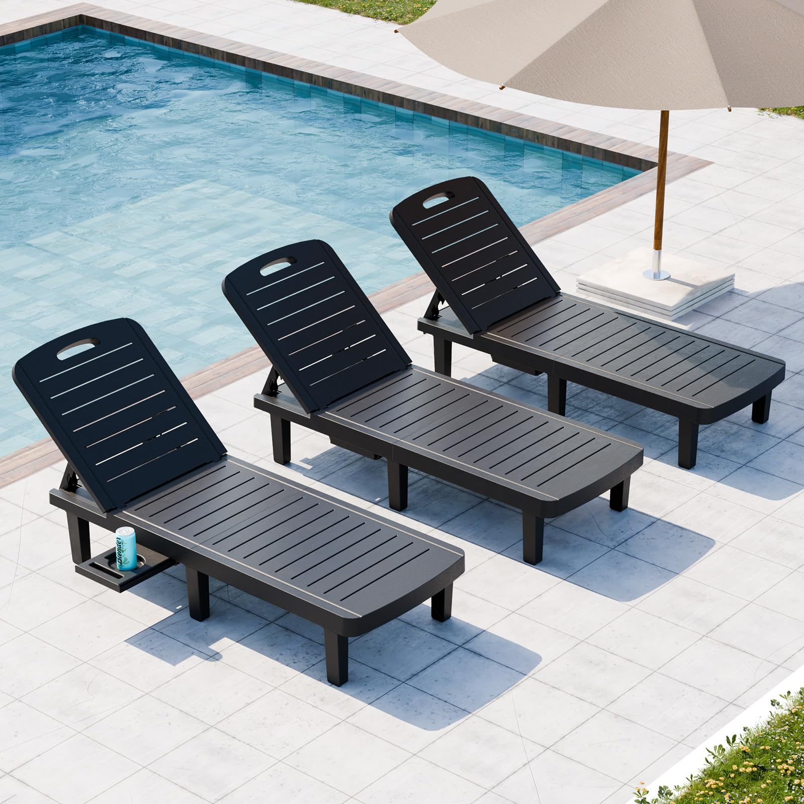 Outdoor Chaise Lounge Set of 4, Waterproof Resin Lounge Chairs for Outside w/Adjustable 5 Positions All Weather Use Recliner Chair for Patio, Poolside, Beach, Yard, Grey