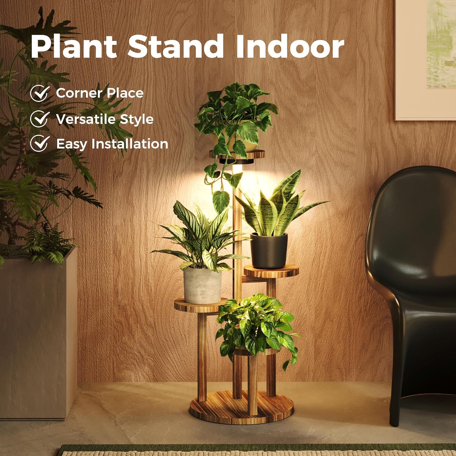 4-Tier Wood Plant Stand with Grow Lights, Indoor & Outdoor Plant Shelf