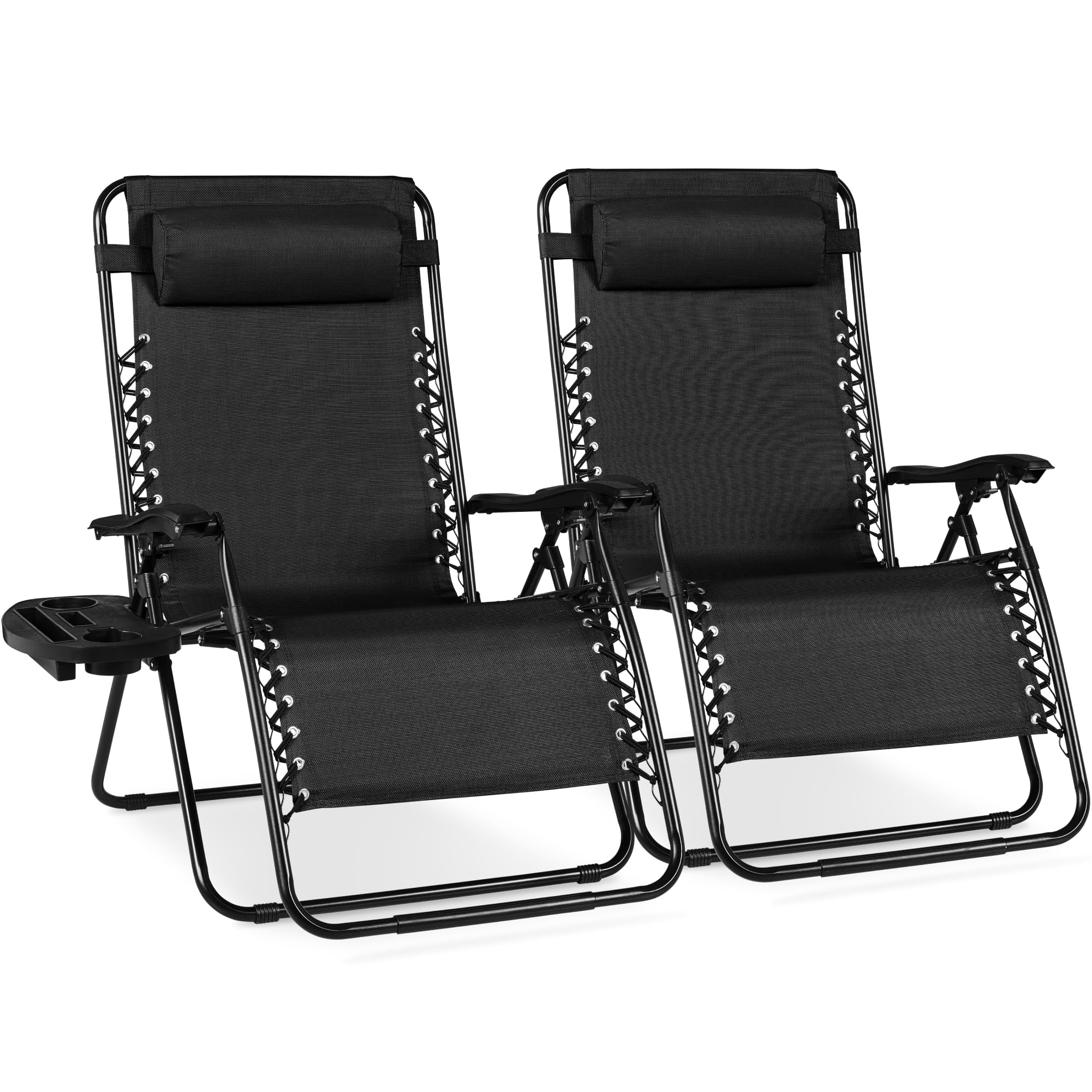 Best Choice Products Set of 2 Adjustable Steel Mesh Zero Gravity Lounge Chair Recliners w/Pillows and Cup Holder Trays - Ice Gray