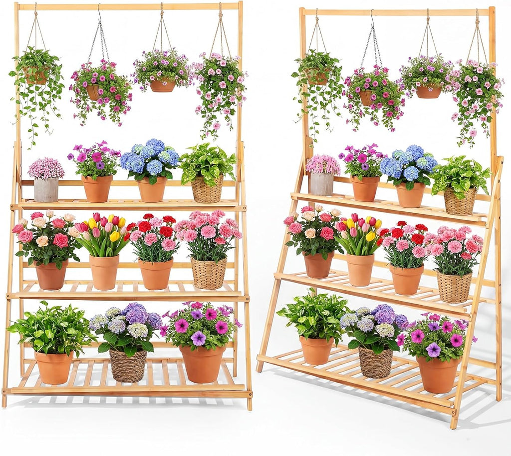 Leinuosen 2 Pcs 50.4" Bamboo 3-tier Tall Plant Stand with Hanging Shelf, Indoor & Outdoor Ladder Flower Pot Display Shelf Wooden Tall Foldable Plant Stand Holder for Garden Patio Balcony Living Room