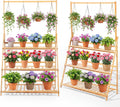 Leinuosen 2 Pcs 50.4" Bamboo 3-tier Tall Plant Stand with Hanging Shelf, Indoor & Outdoor Ladder Flower Pot Display Shelf Wooden Tall Foldable Plant Stand Holder for Garden Patio Balcony Living Room