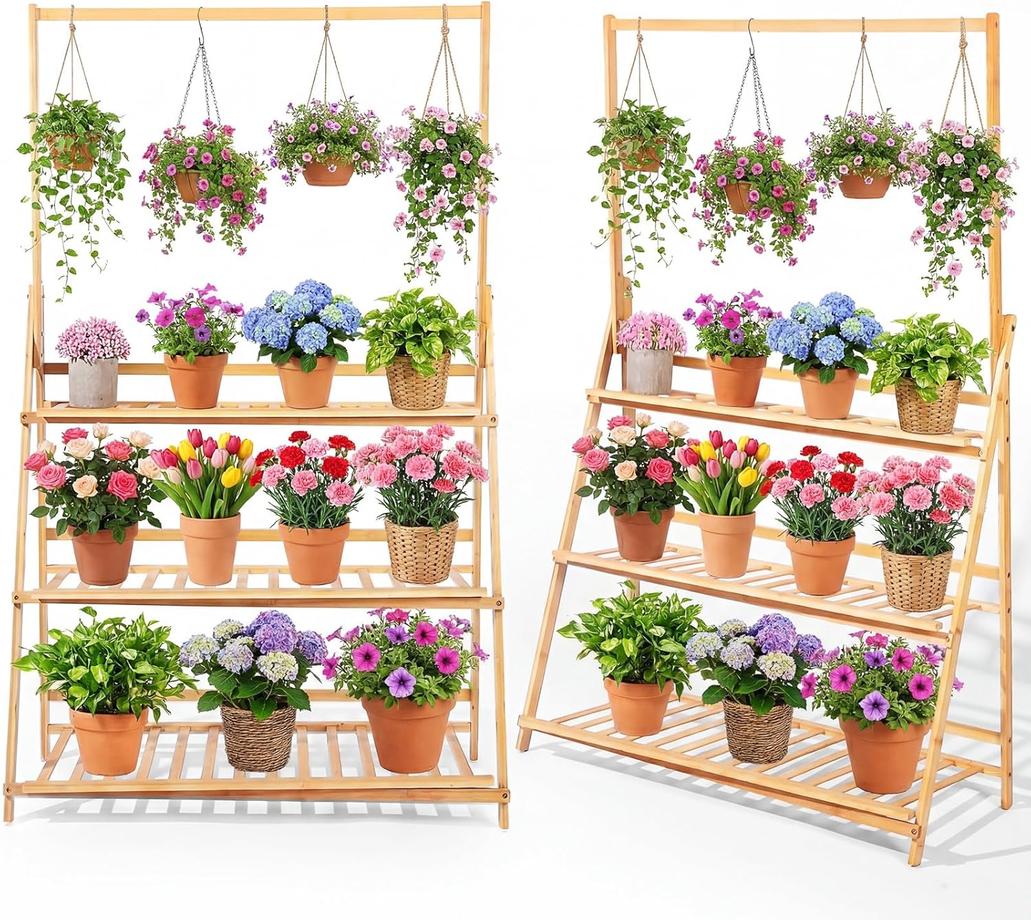Leinuosen 2 Pcs 50.4" Bamboo 3-tier Tall Plant Stand with Hanging Shelf, Indoor & Outdoor Ladder Flower Pot Display Shelf Wooden Tall Foldable Plant Stand Holder for Garden Patio Balcony Living Room