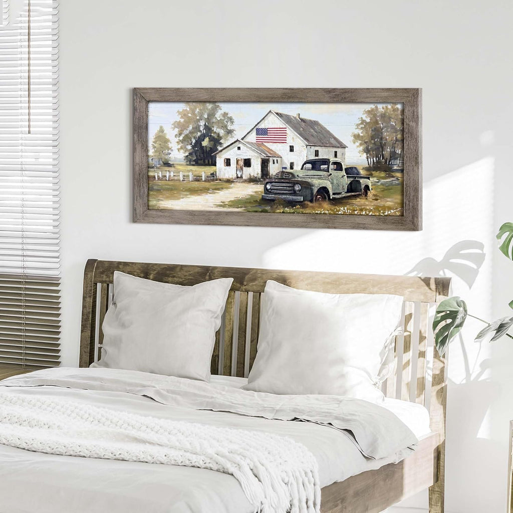 Farmhouse Framed Wall Art Decor: Rustic Country Scene Wood Picture Barn with American Flag Painting Artwork Farm Truck Countryside Print for Bedroom Home Living Room