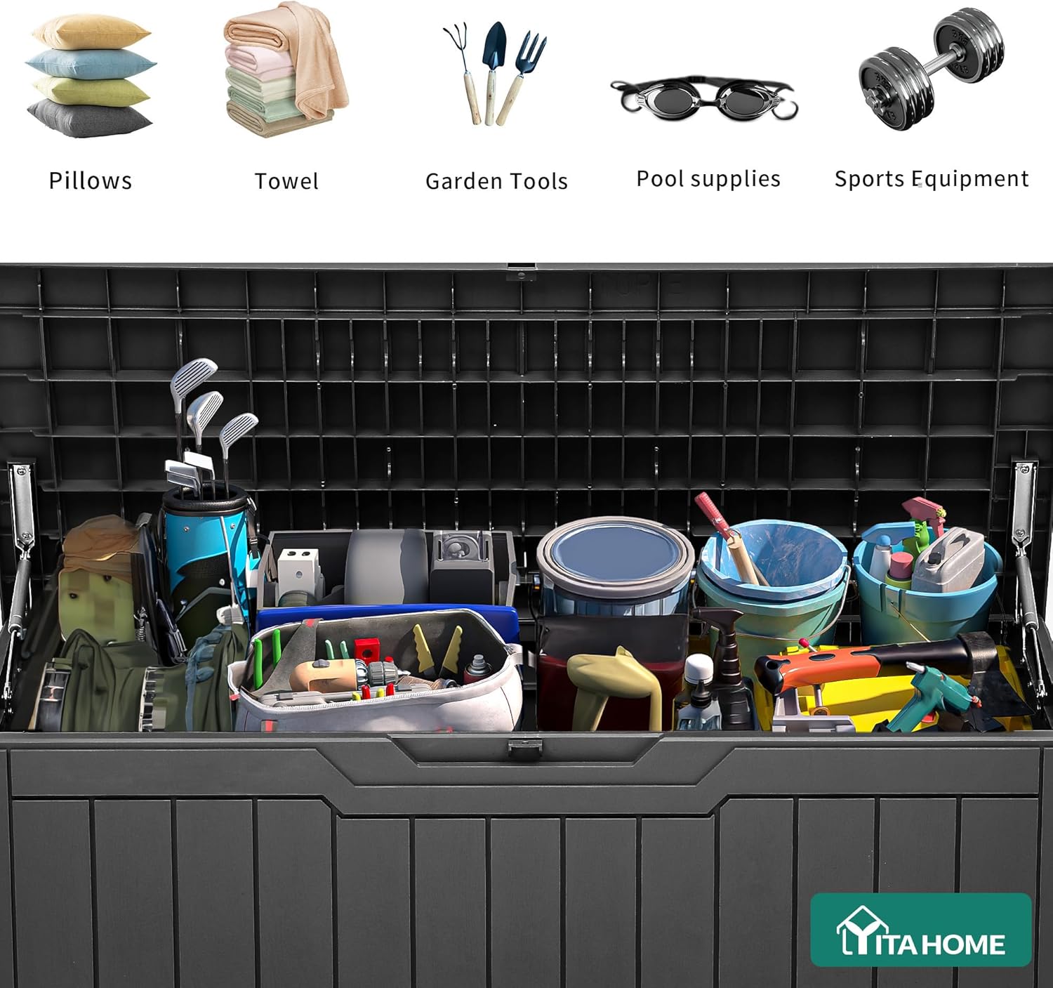 YITAHOME 80 Gallon Resin Deck Box, Weather Resistant Outdoor Storage Box, Lockable Indoor Outdoor Storage for Supplies and Essentials, Dark Gray