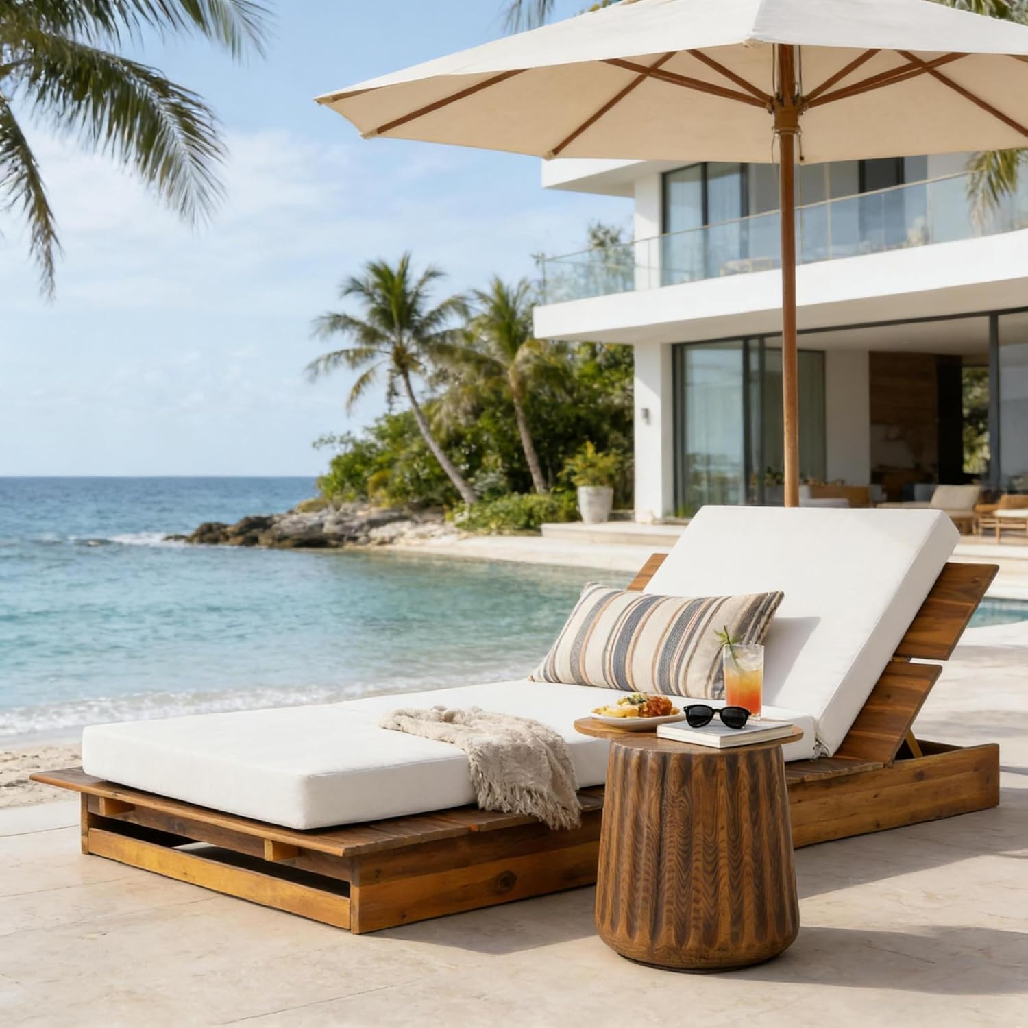 Bard Acacia Wood Chaise Lounge, 3-Position Recliner with Thick Cushion, Teak & Cream
