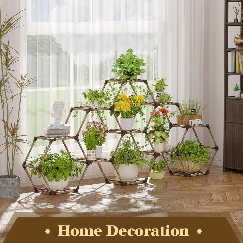 Tikea - Hexagonal Plant Stand Indoor Outdoor Large 11 Tiered Wooden Plant Shelf Indoor Creative Flower Decor for Living Room Balcony Patio