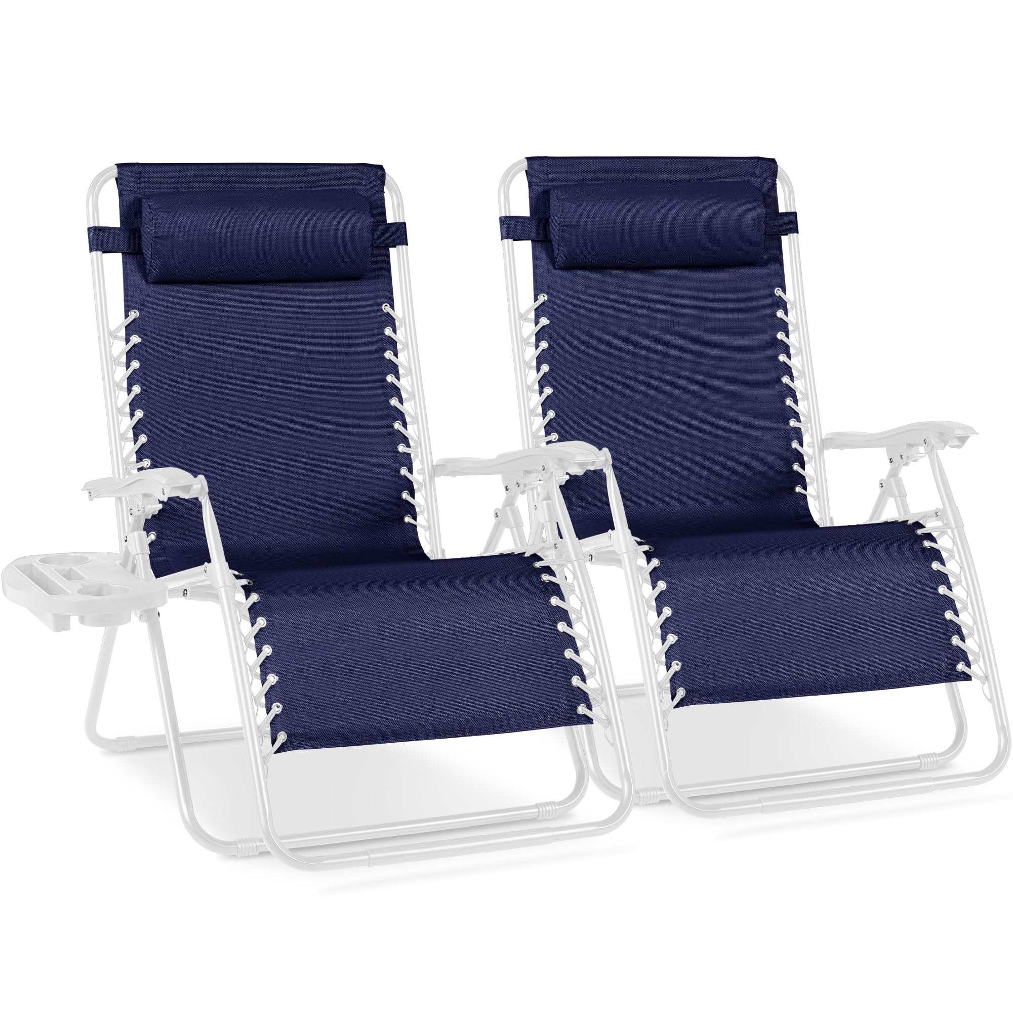 Best Choice Products Set of 2 Adjustable Steel Mesh Zero Gravity Lounge Chair Recliners w/Pillows and Cup Holder Trays - Ice Gray