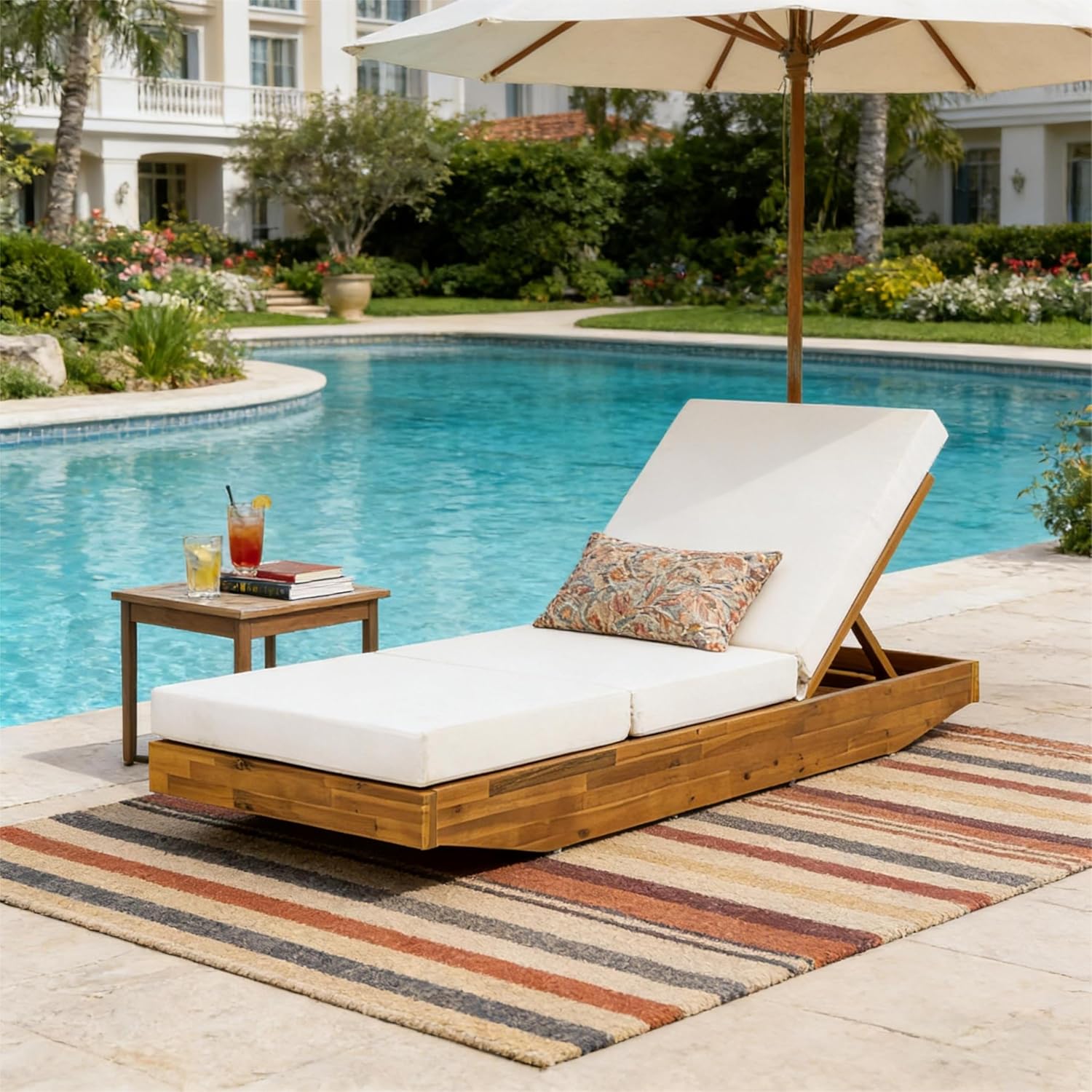 Maril Acacia Wood Chaise Lounge, Adjustable Backrest with Water-Resistant Cushion, Teak & Cream