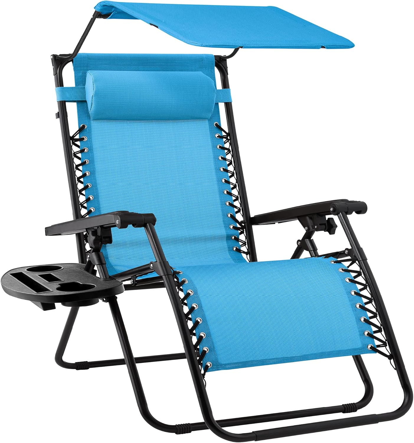 Best Choice Products Folding Zero Gravity Outdoor Recliner Patio Lounge Chair w/Adjustable Canopy Shade, Headrest, Side Accessory Tray, Textilene Mesh - Beige