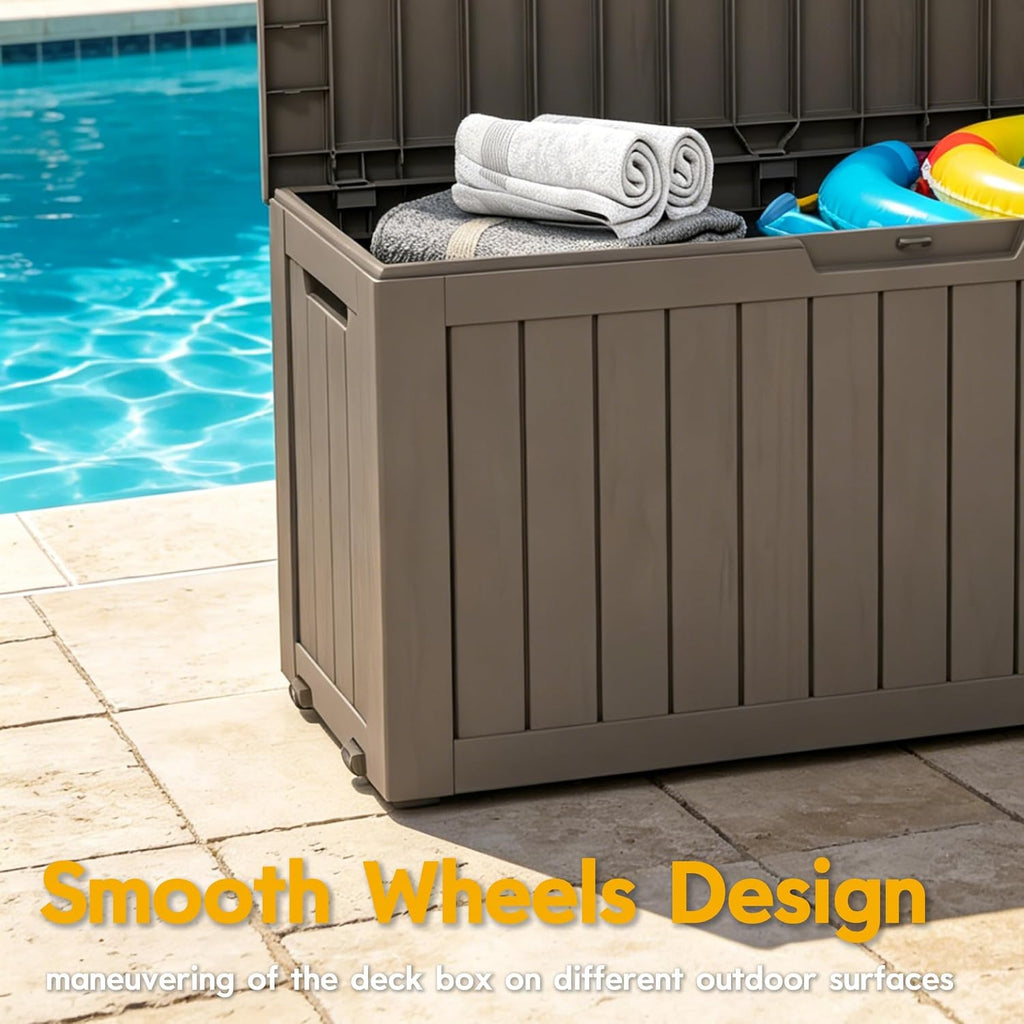 80 Gallon Deck Box with Wheels, Waterproof Resin Outdoor Storage, Easy Assembly, Rolling Bin for Patio Cushions, Pool Toys & Garden Tools, Brown