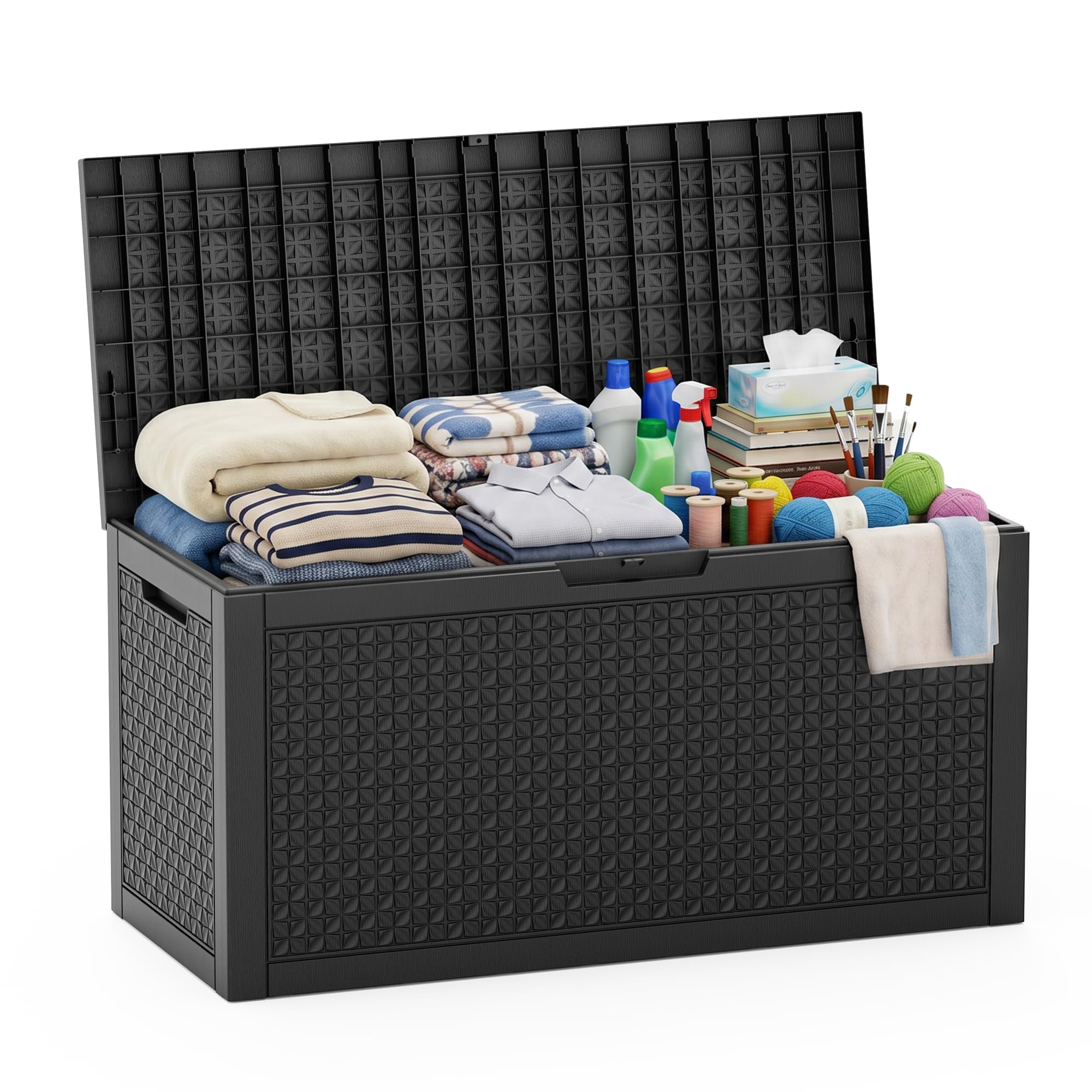 EasyUp 85 Gallon Outdoor Storage Box, Resin Waterproof UV-Resistant Deck Box, Reinforced Stability for Patio, Garden, and Poolside, Striped Black