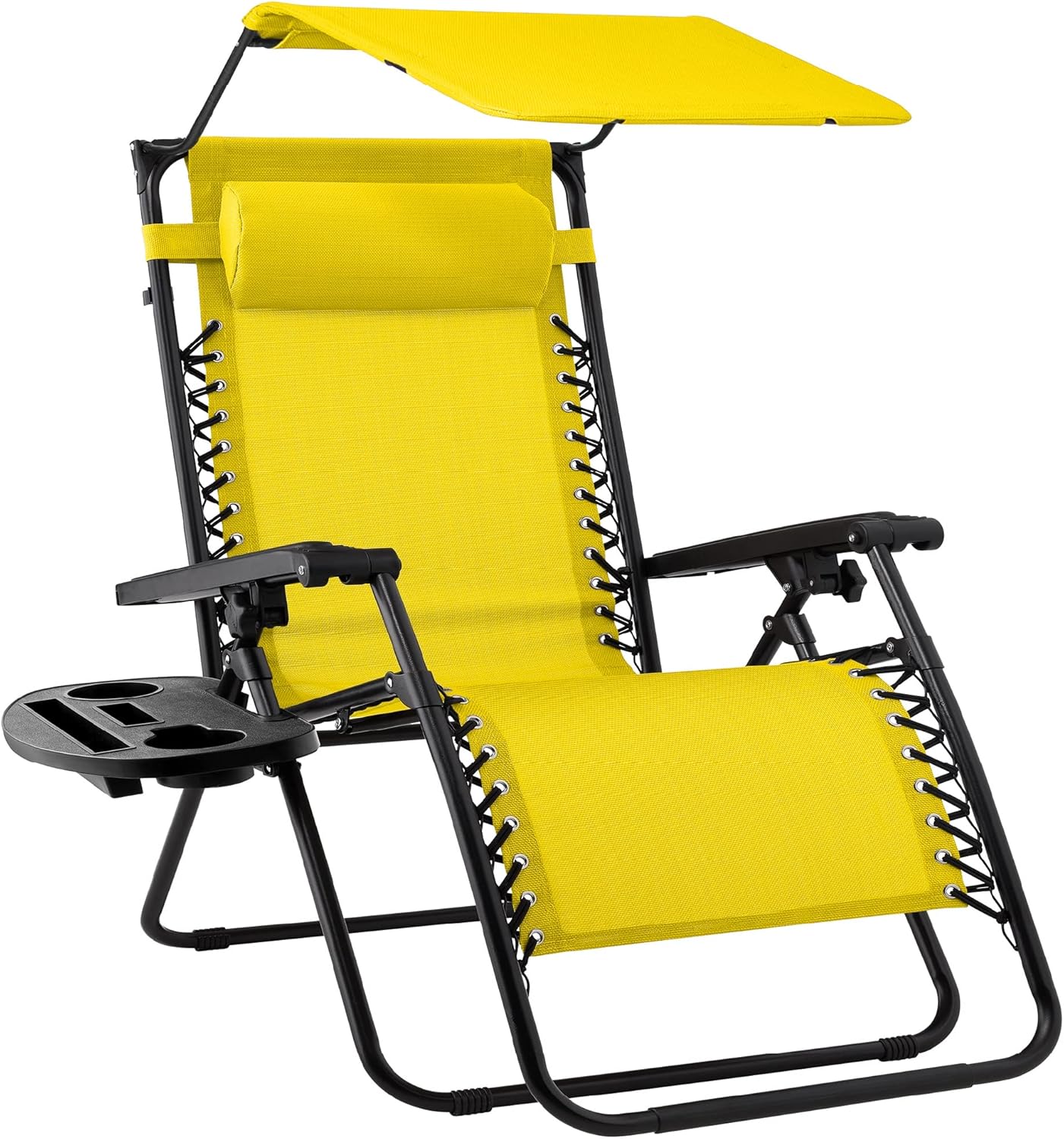 Best Choice Products Folding Zero Gravity Outdoor Recliner Patio Lounge Chair w/Adjustable Canopy Shade, Headrest, Side Accessory Tray, Textilene Mesh - Beige