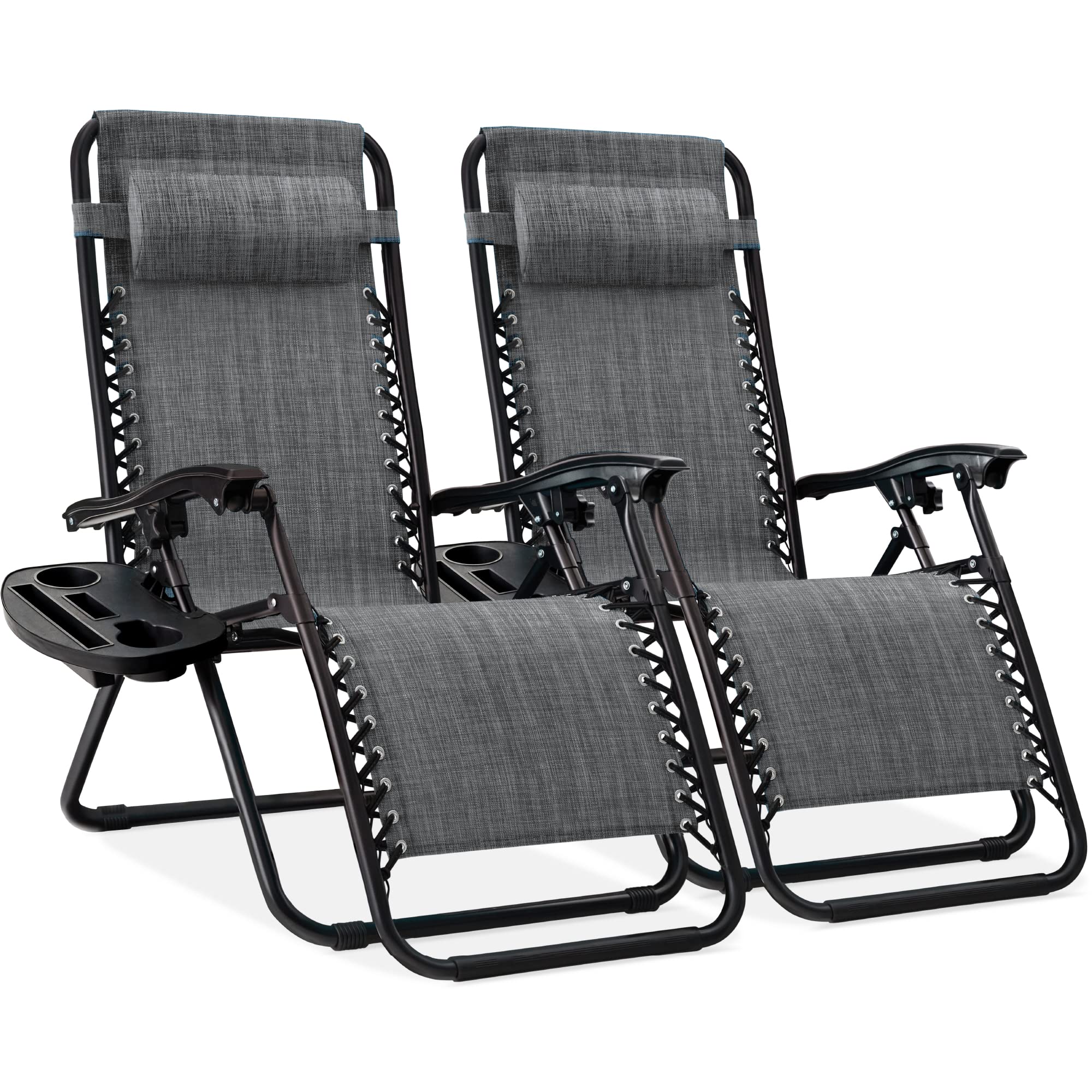 Best Choice Products Set of 2 Adjustable Steel Mesh Zero Gravity Lounge Chair Recliners w/Pillows and Cup Holder Trays - Ice Gray