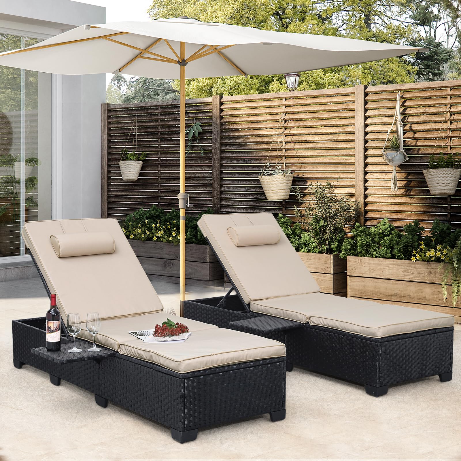 WAROOM Outdoor Chaise Lounge Chairs for Outside Patio Furniture Set of 2 Wicker Recliner Black Rattan Sunbathing Lounger Adjustable Backrest Pool Reclining Chair, Grey Cushion