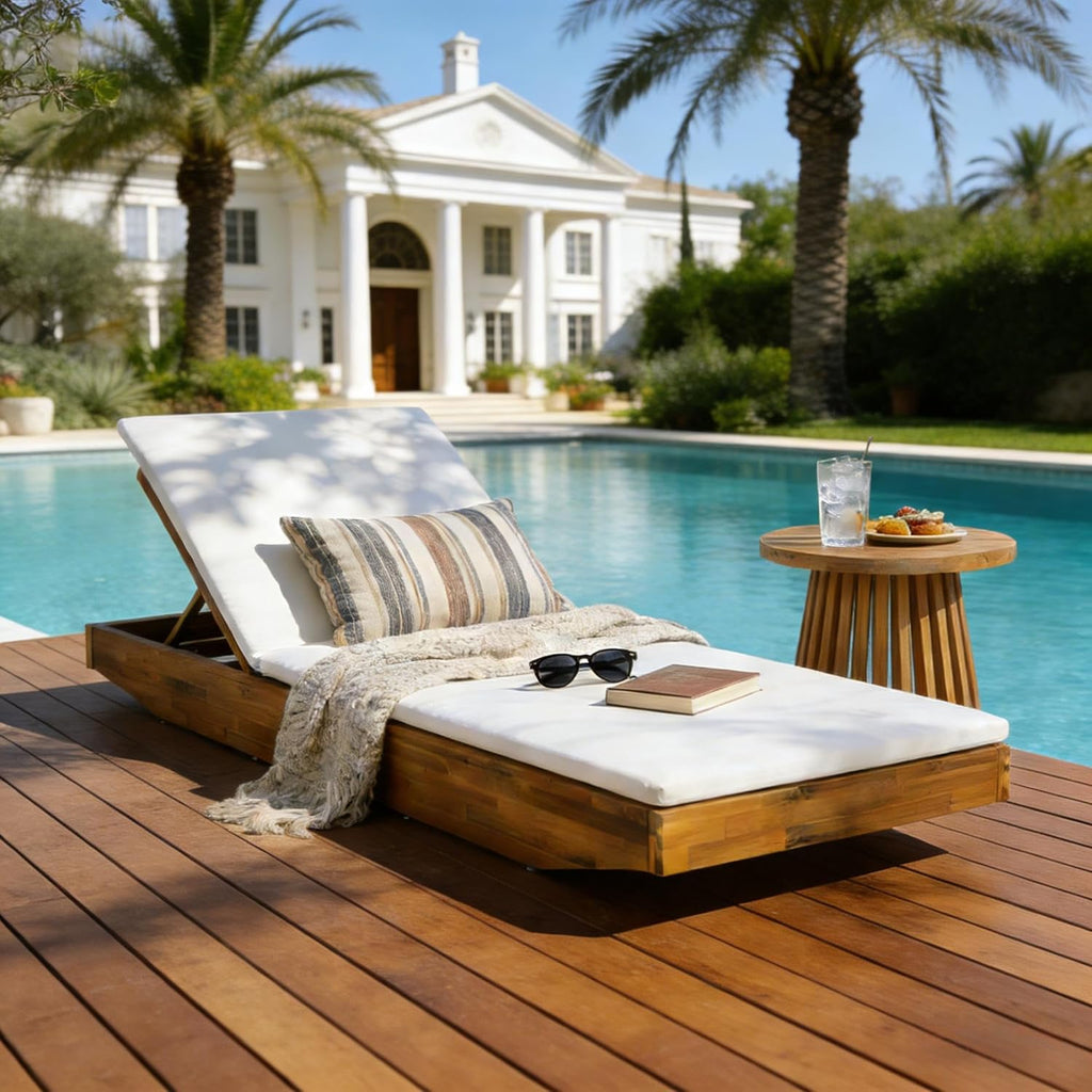 Maril Acacia Wood Chaise Lounge, Adjustable Backrest with Water-Resistant Cushion, Teak & Cream