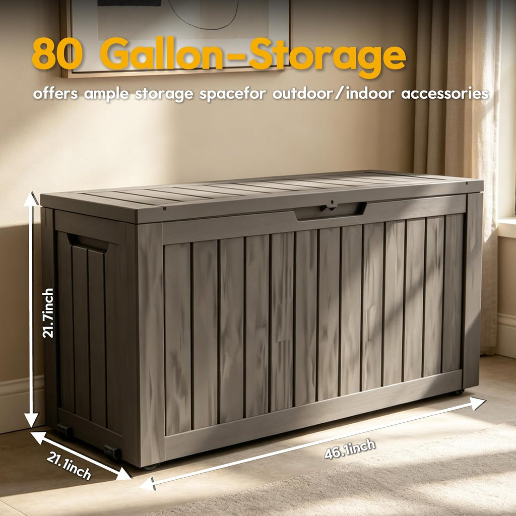 80 Gallon Deck Box with Wheels, Waterproof Resin Outdoor Storage, Easy Assembly, Rolling Bin for Patio Cushions, Pool Toys & Garden Tools, Brown