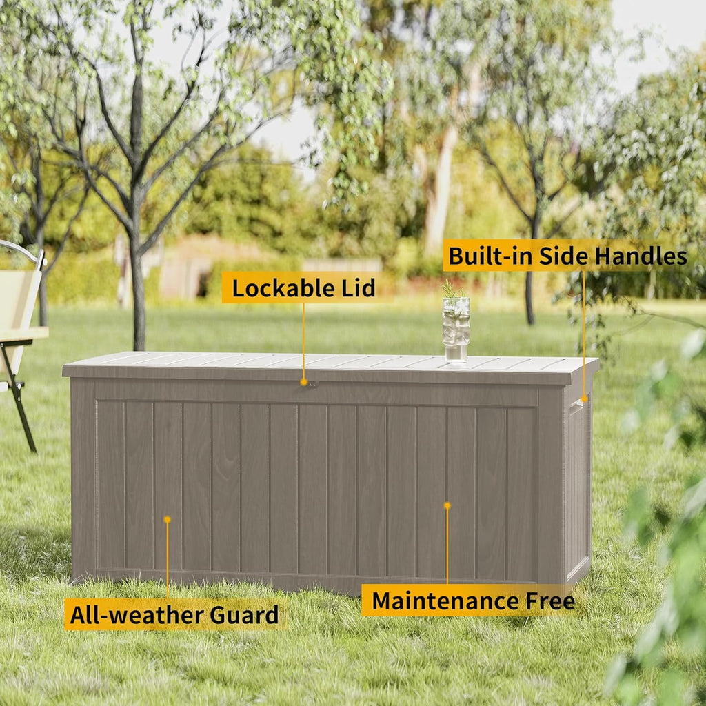 Outdoor Storage Box Waterproof, 270 Gallon Lockable Resin Deck Box Large, Patio Storage Bin for Pool Accessories Cushion Furniture, Garden Tools, UV-Resistant Outside Delivery Grey